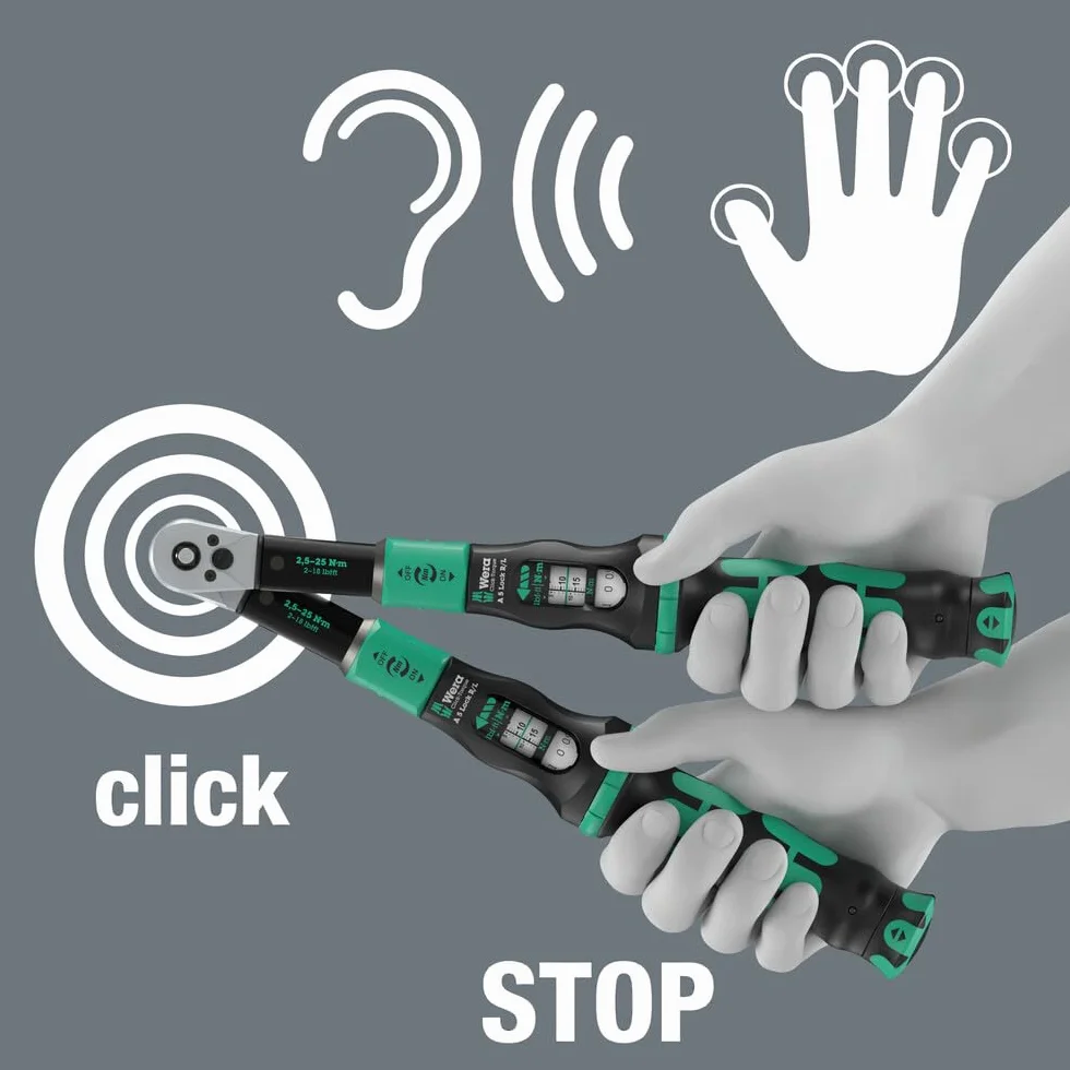 Klucz dynamometryczny Click-Torque A 5 R/L, nastawny, z funkcją Torque Lock i przekładanym zabierakiem czworokątnym (1/4")
