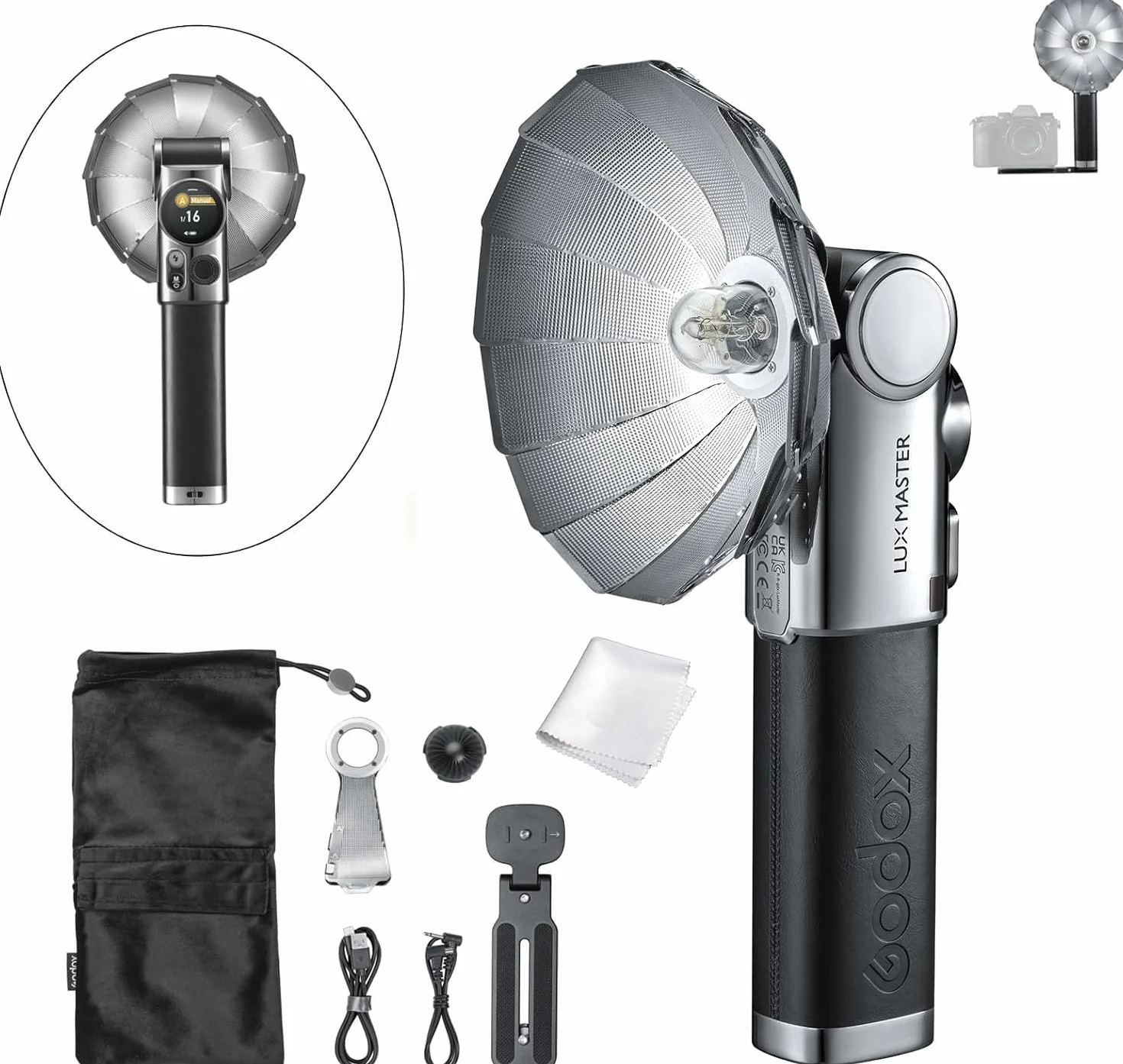 Godox Lux Master TTL retro lampa błyskowa z ekranem dotykowym, 6000K ±300K CCT, GN25, 460 pełnych błysków, sterowanie optyczne S1/S2, ładowanie USB-C, kompatybilna z aparatami Canon, Nikon i Sony