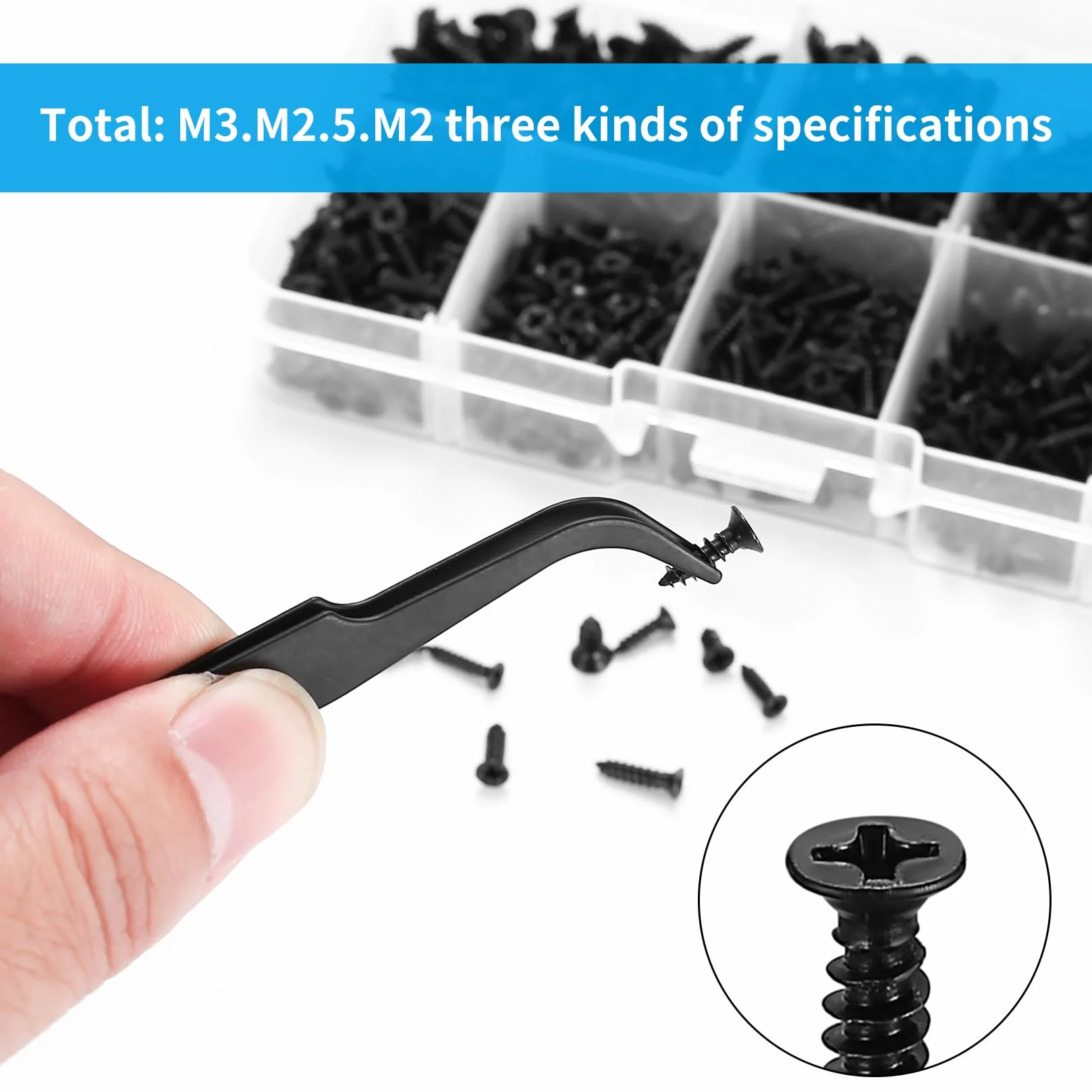 1080 sztuk małych wkrętów samogwintujących M2/M2.5/M3, 6 mm/8 mm/10 mm, z łbem płaskim, krzyżakowym, do blachy, zestaw do urządzeń biurowych, mebli drewnianych, czarne, 1080 szt