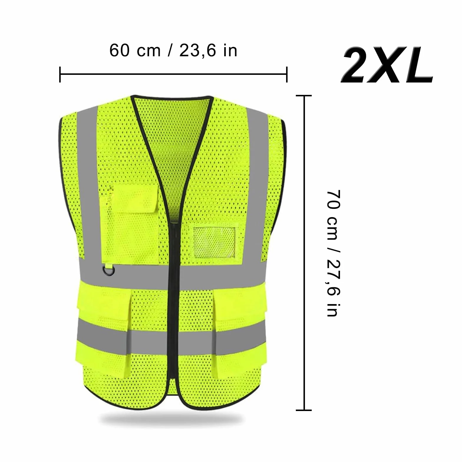 Kamizelka odblaskowa 2XL, wysoka, odblaskowa, siatkowa kamizelka ostrzegawcza, kamizelka rowerowa z paskami odblaskowymi, zamek błyskawiczny, żółty, XXL