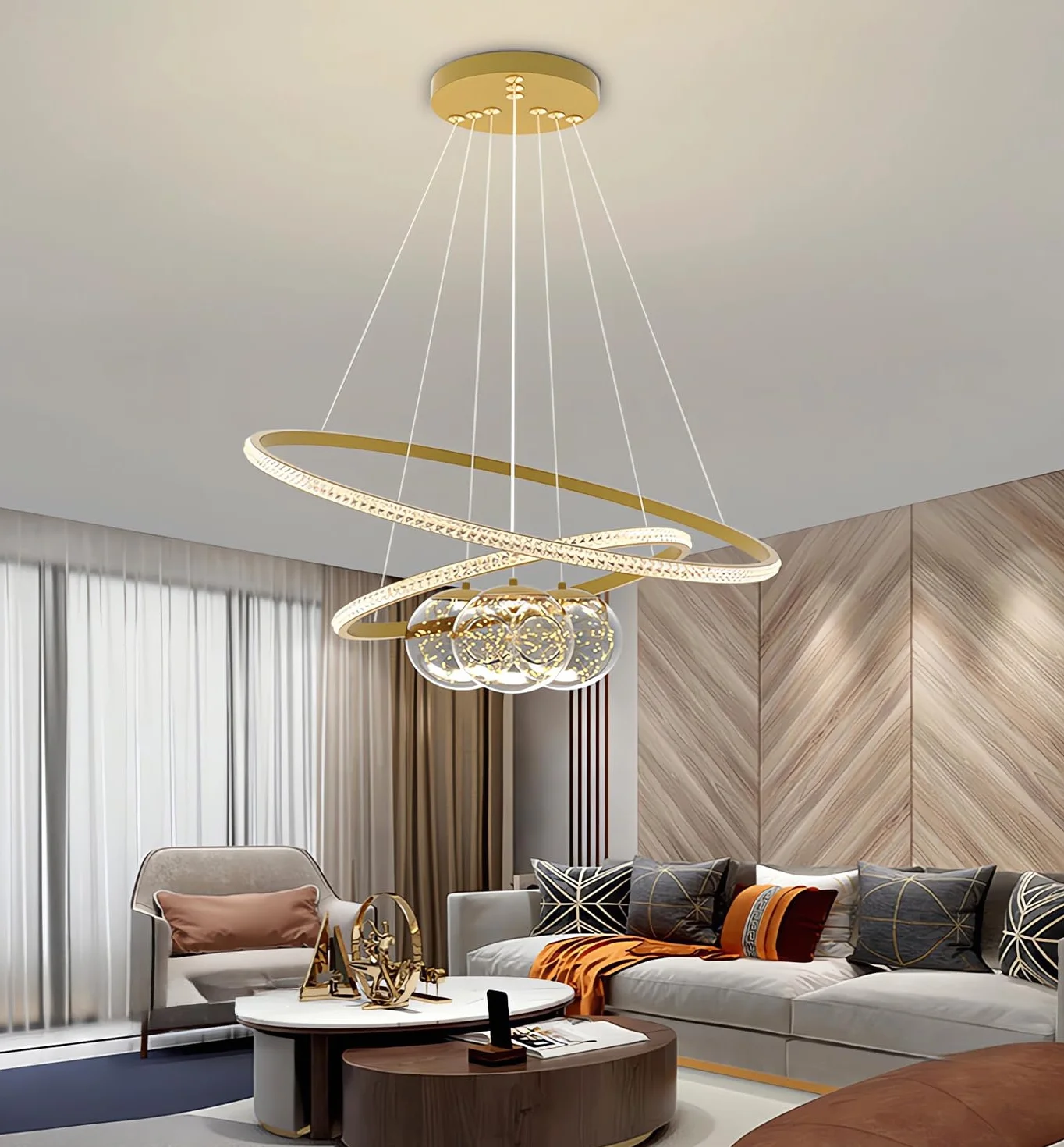 Metalowy żyrandol LED,3 okręgi 40+60+80 cm,lampa sufitowa z regulacją jasności 120 W,pilot zdalnego sterowania 3000-6500 K, lampa wisząca z akrylowym kloszem,oprawy oświetleniowe (Złoto, 60+80)