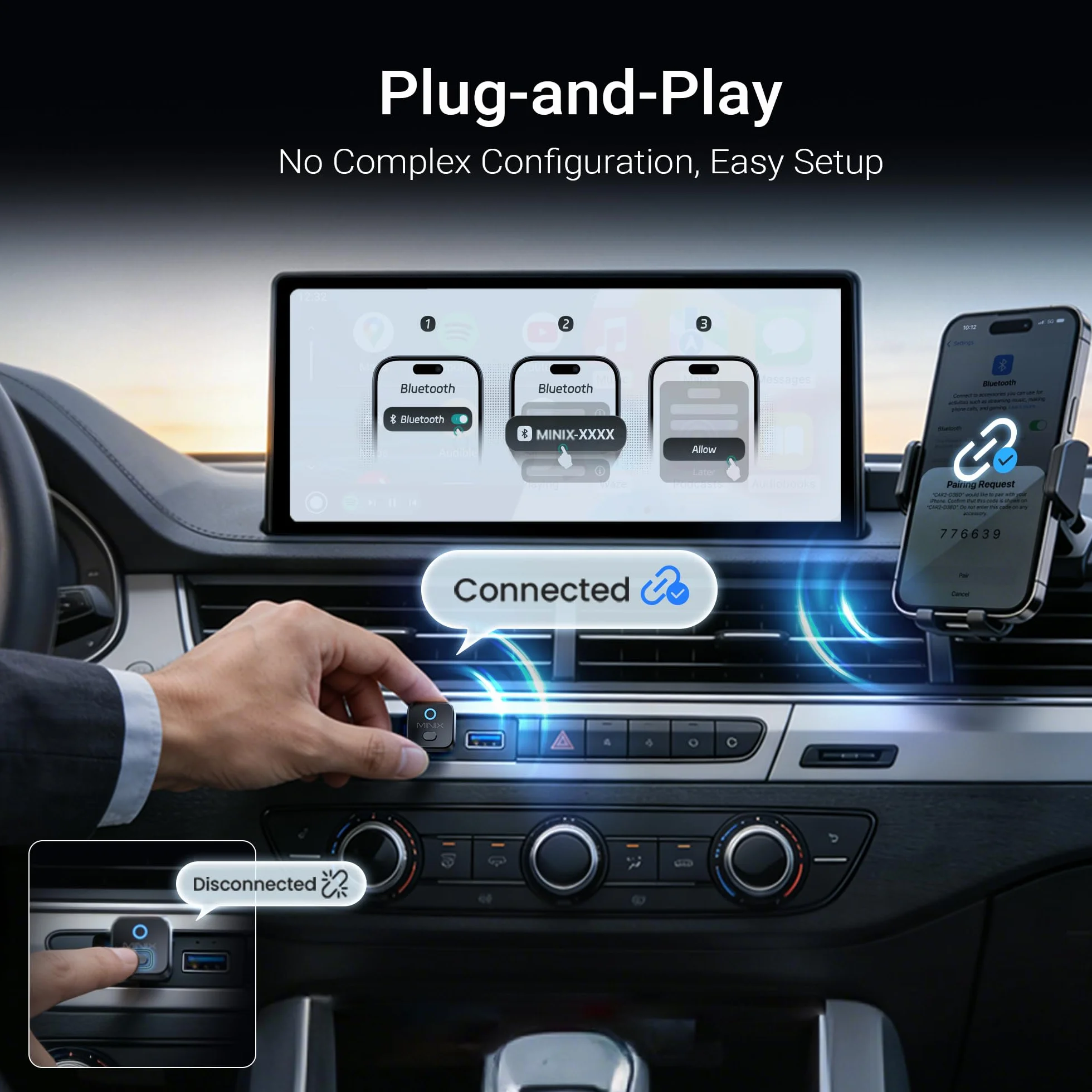 MINIX CA525 Mini bezprzewodowy adapter CarPlay i Android Auto, ulepszony 2 w 1 2026, przewodowy do bezprzewodowego dongla, przełącznik jednym przyciskiem, Plug & Play USB-A/C, WiFi 6 i Bluetooth 5.4
