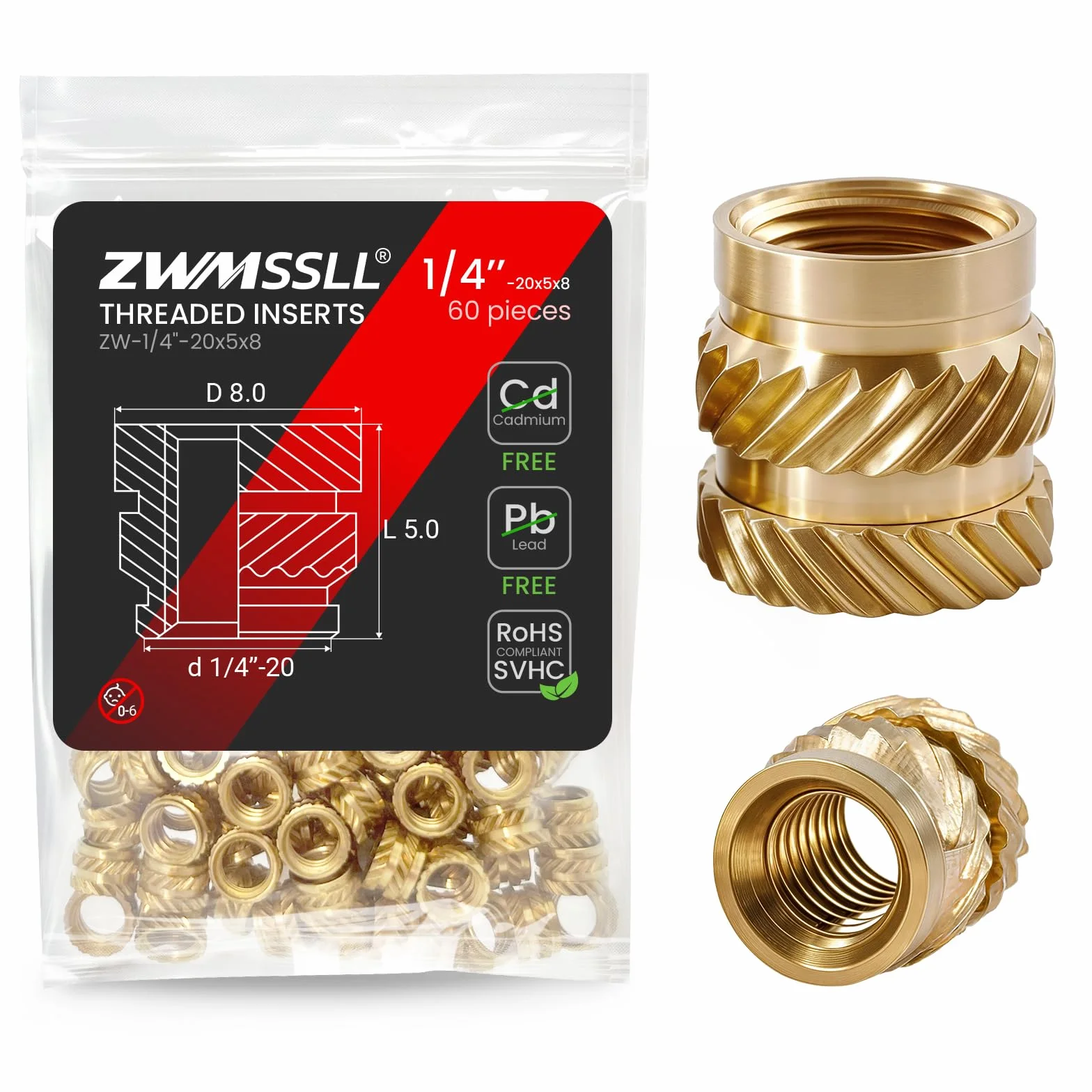 1/4"-20 Heat Set wkładki gwintowane, 60 sztuk 1/4"-20 x 5 x 8 wkładki grzewcze do komponentów drukujących 3D i części z tworzywa sztucznego, mosiężne nakrętki