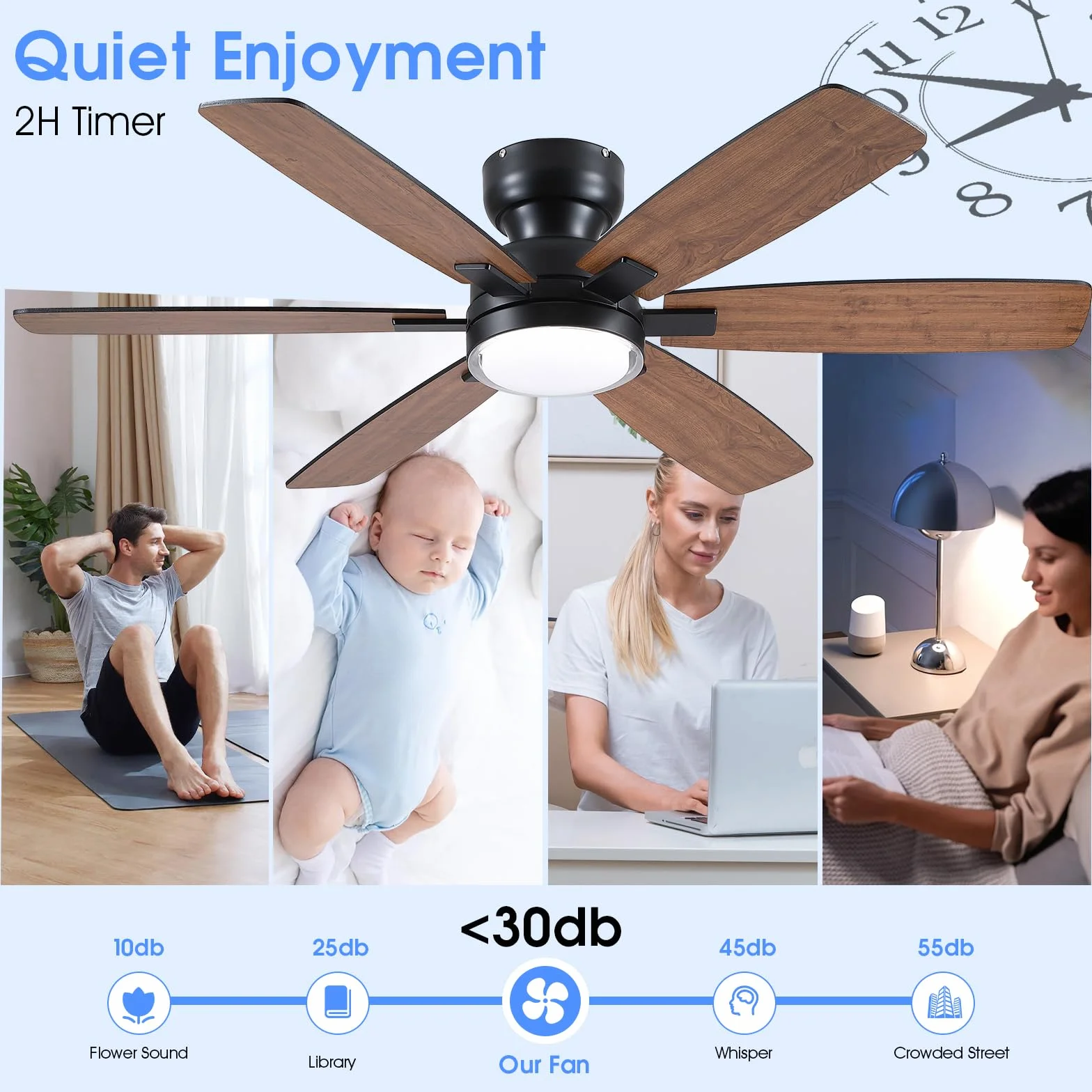Kviflon Wentylator sufitowy w stylu dworkowym, 132 cm, z oświetleniem, montaż sufitowy, pilot zdalnego sterowania / sterowanie aplikacją, 6 dwustronnych ostrzy dwustronnych, 3 CCT ściemniane, do
