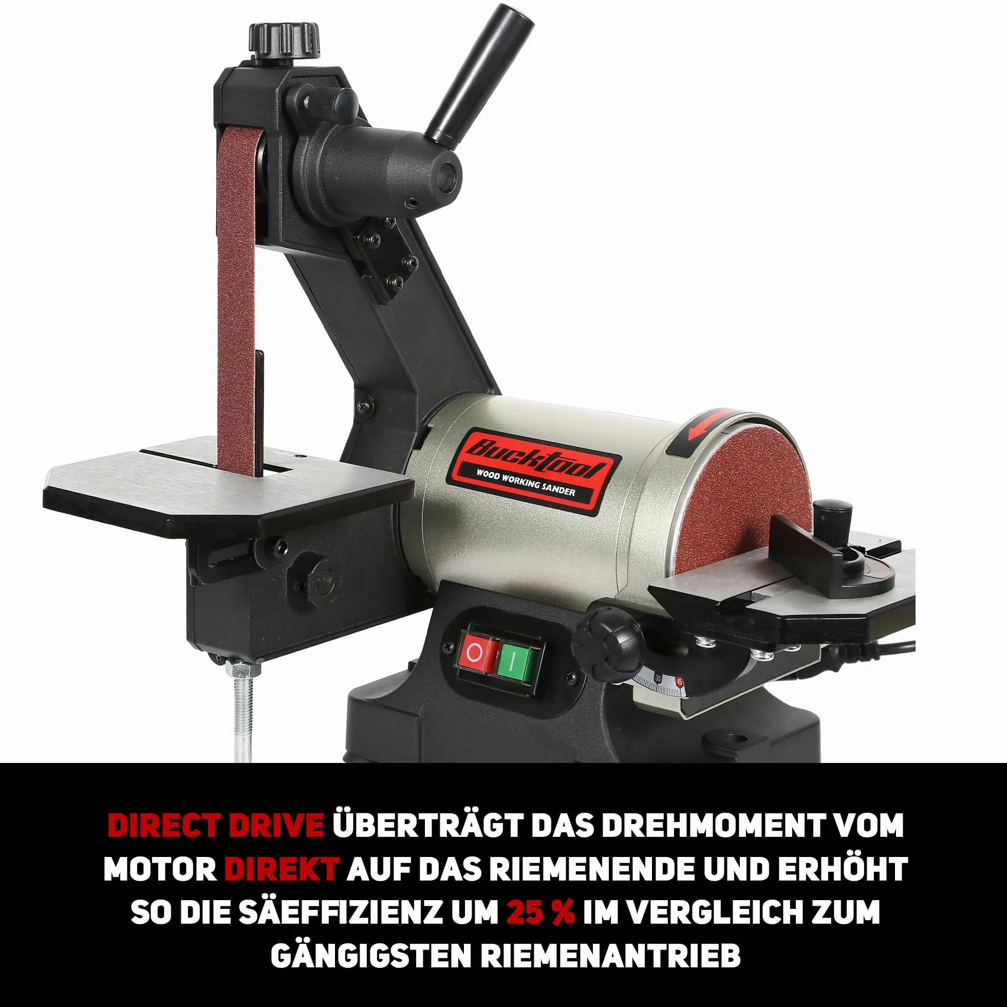 BUCKTOOL Szlifierka taśmowa 250 W, 25,4 x 762 mm, taśma 125 mm, klucz płaski, przechowywanie i łatwe zdejmowanie pokrywy paska, napęd bezpośredni, talerz szlifierski, prędkość obrotowa 2980 min-1