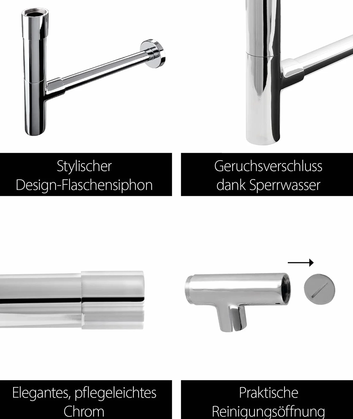 'aquaSu® luksusowy syfon na butelkę, 1 1/4 x 32 mm, otwór do czyszczenia, chrom, zamknięcie przeciwzapachowe do umywalki, okrągły syfon o długości 300 mm, metal, 22686 8