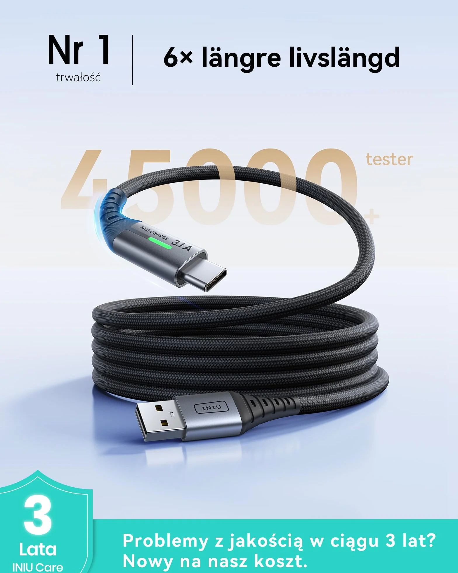 INIU Kabel USB C 2m 3.1A Ładowarki Typu C Szybkie Ładowanie Pleciony Kabel Danych USB-C ze Stopu Cynku
