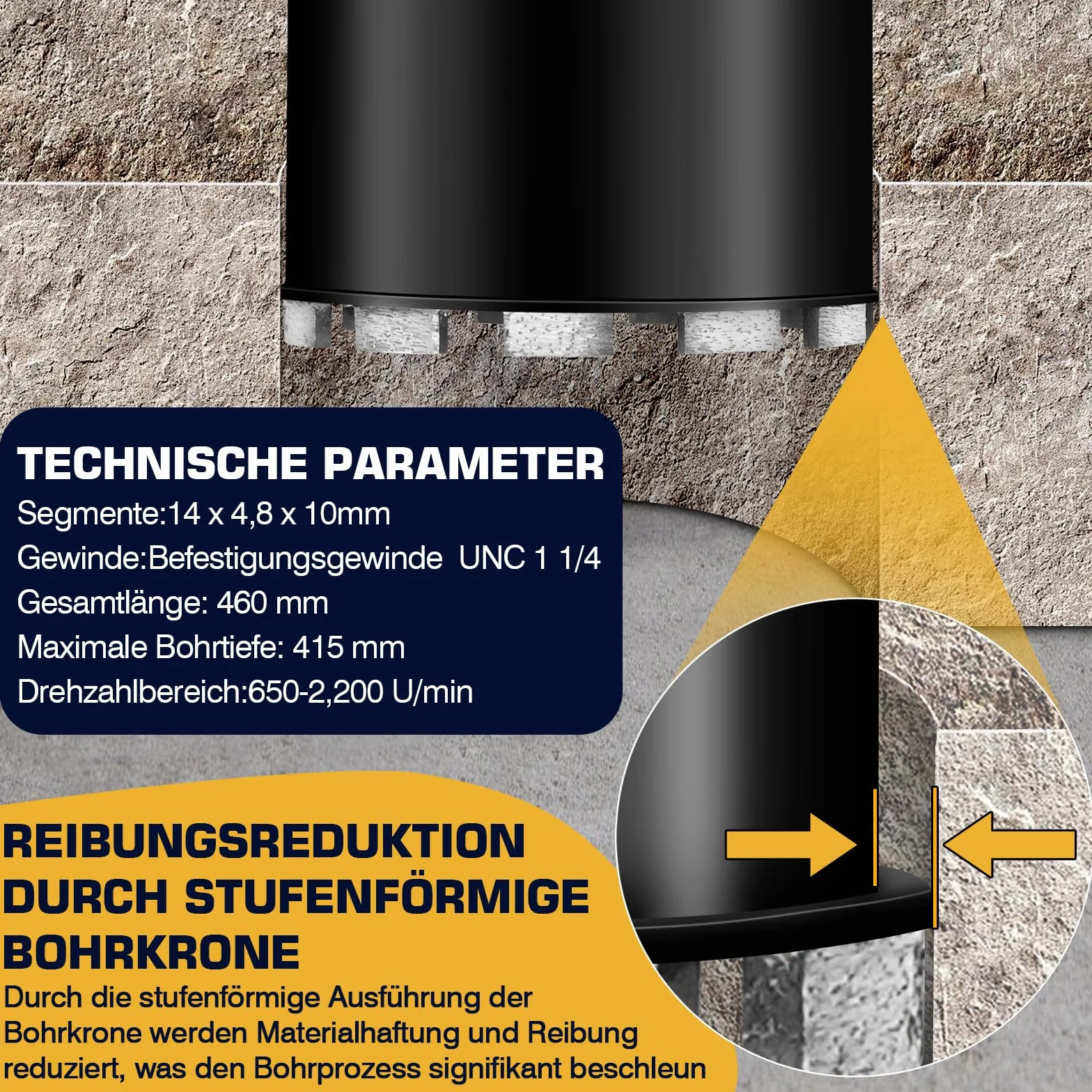 1¼" UNC diamentowa koronka wiertnicza 120 mm, z SDS Plus, diamentowa koronka wiertnicza do wiertarek rdzeniowych, L 460 mm, 10 mm Turbo rdzeniowa koronka wiertnicza, na mokro i na sucho do betonu