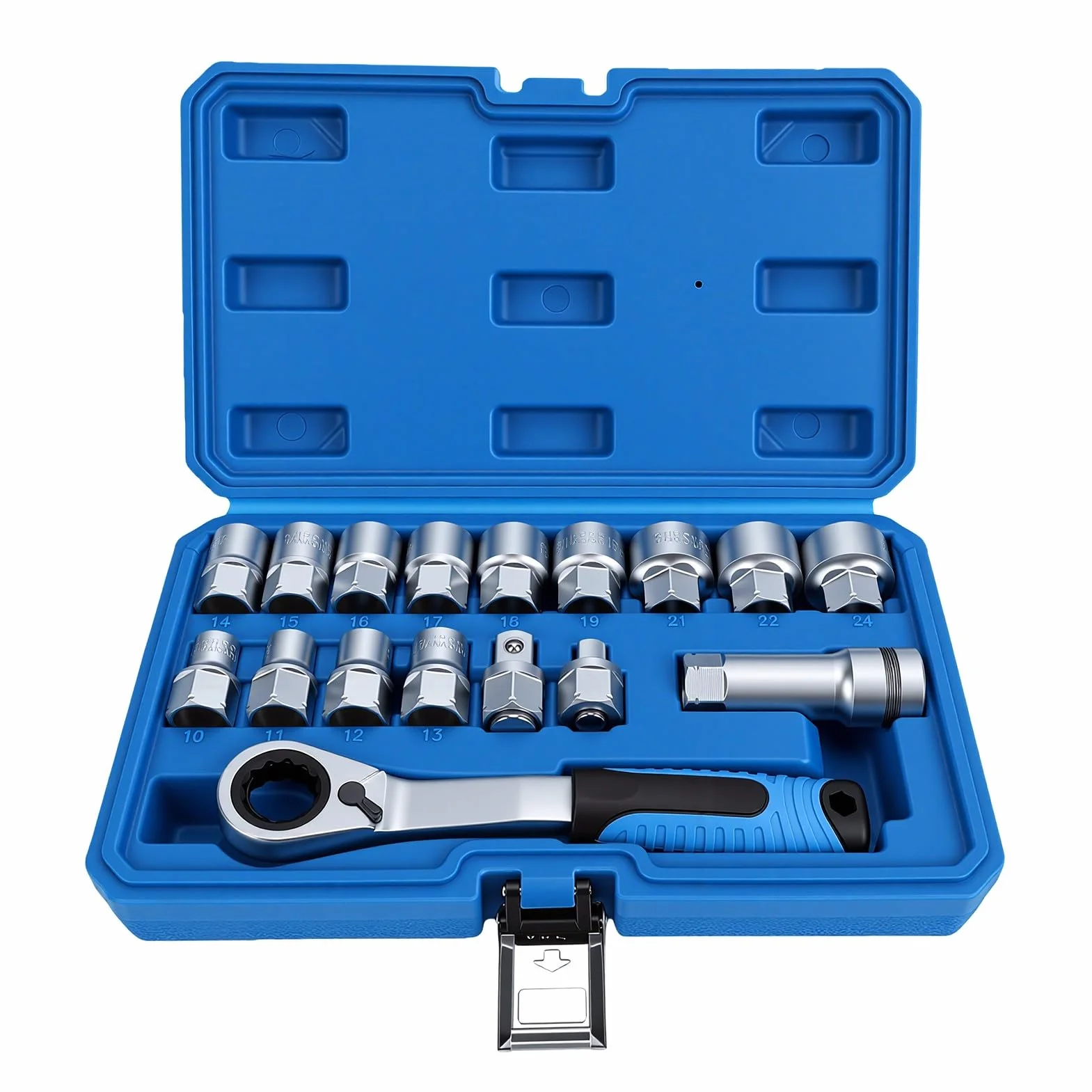 banapoy 17 szt. Zestaw Nasadek Przelotowych 3/8" 1/2", Klucz Grzechotkowy z Napędem, Nasadki 10–24 Mm, Grzechotka z 72 Zębami, do Grzechotki Standardowej, Grzechotka Przelotowa