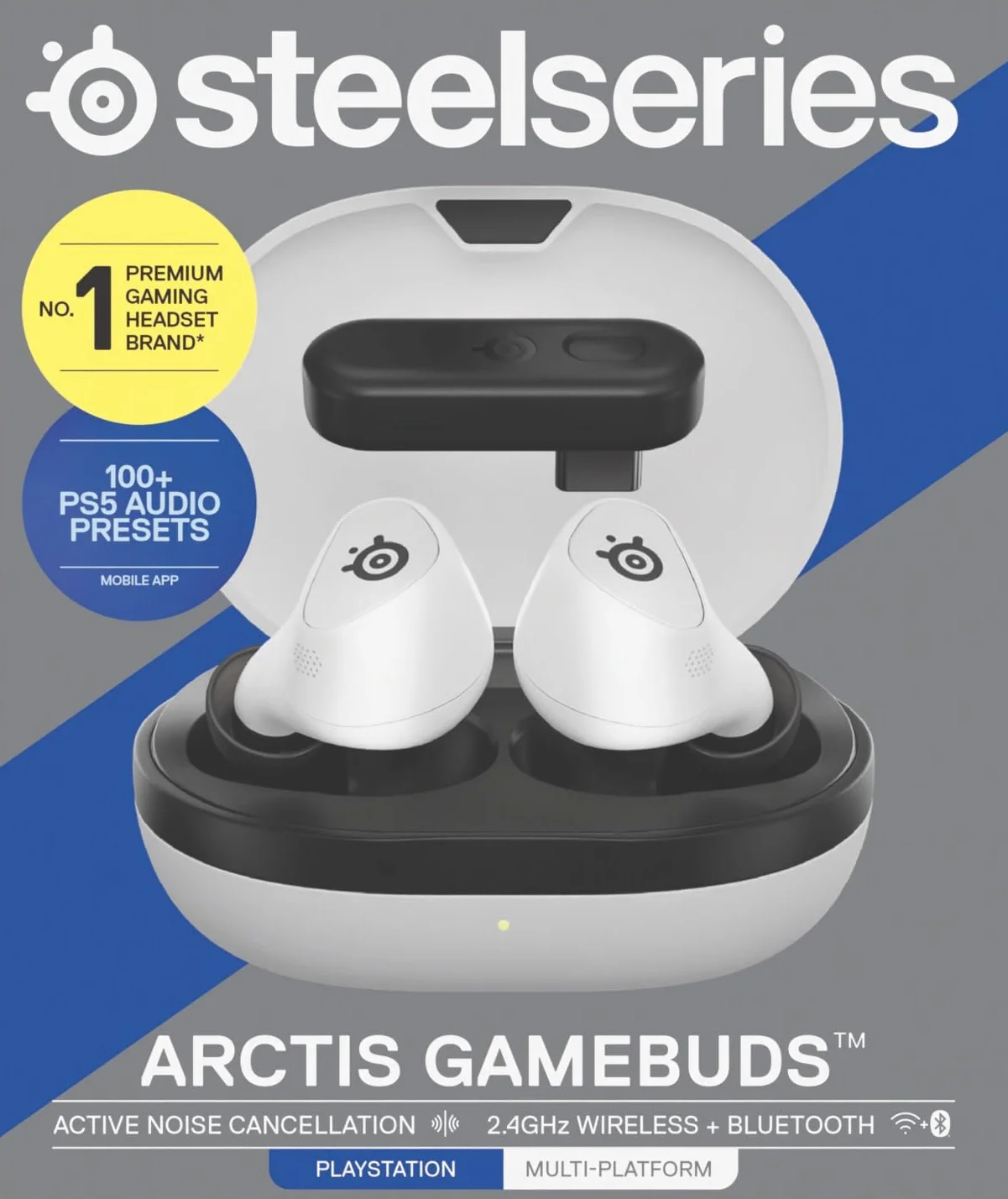 SteelSeries Arctis GameBuds Bezprzewodowe Słuchawki Douszne do Gier PS5 PC Switch, 2,4 GHz+BT 5.3, ANC, 40 godz. Bateria, Ładowanie Bezprzewodowe