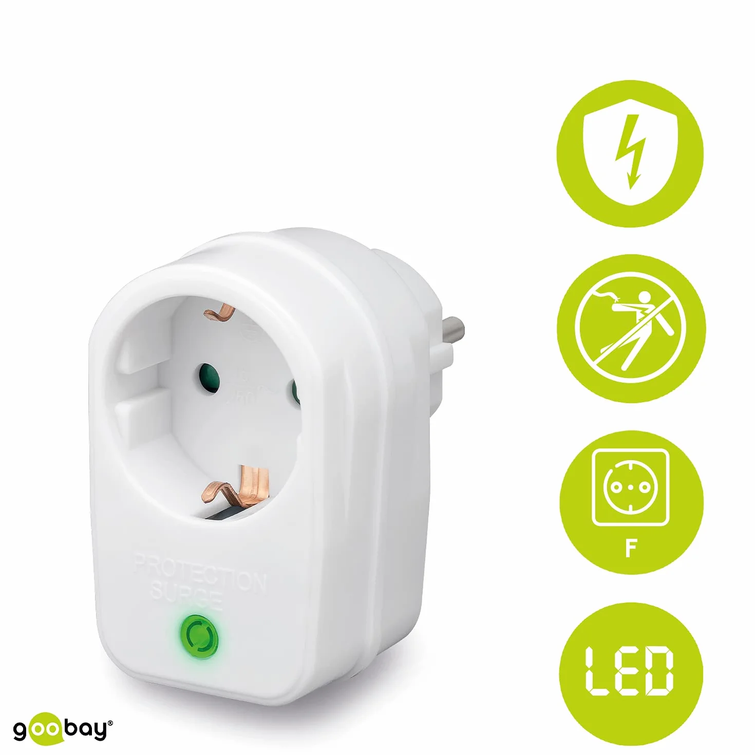 Goobay 51270 zabezpieczenie sieciowe i przeciwprzepięciowe, adapter gniazdka, gniazdo wtykowe ze stykiem ochronnym, białe, 230 V, maks. 3500 W