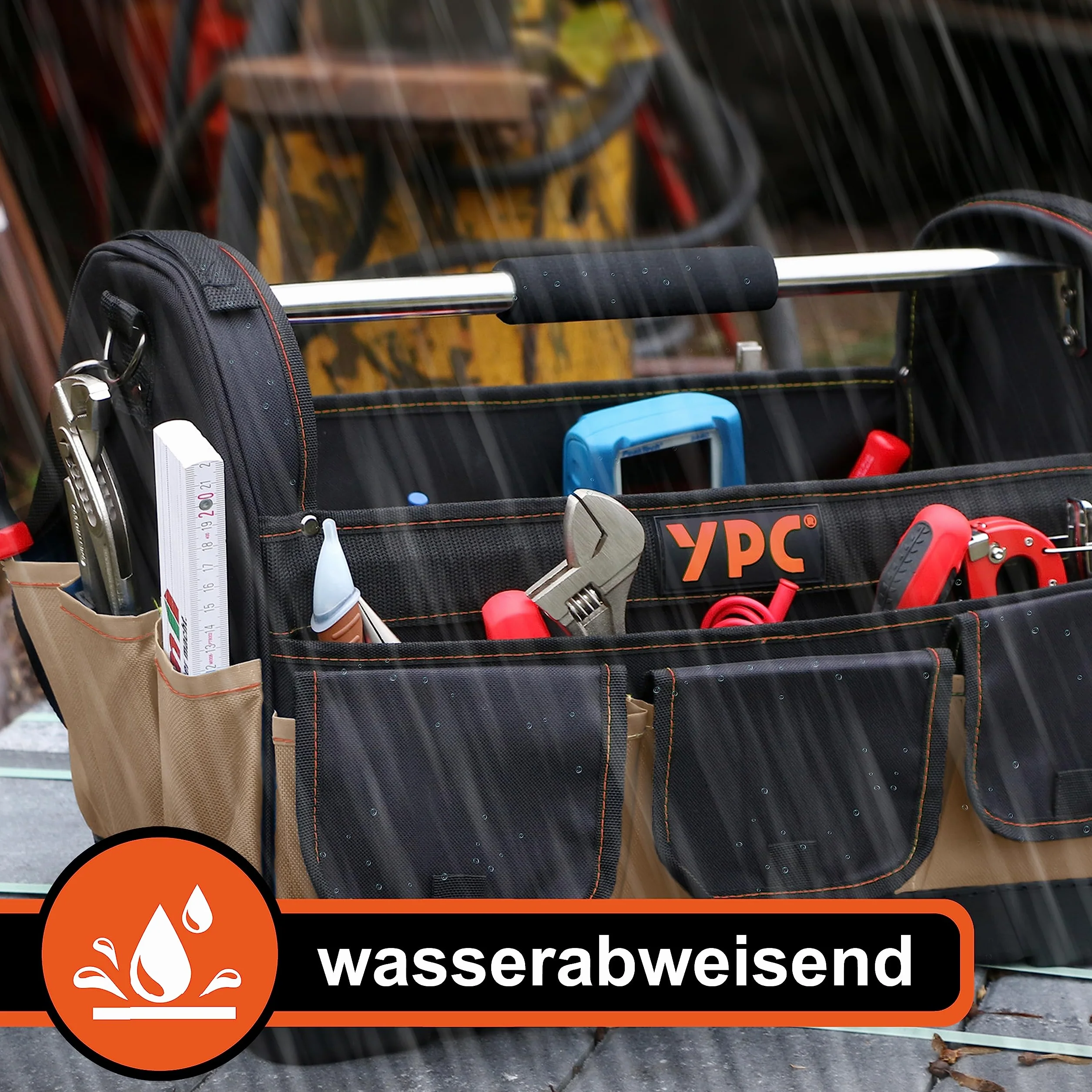 YPC Pioneer Kosz narzędziowy XXL – profesjonalna, przenośna torba na narzędzia ze stabilnym dnem, wodoodporna, odporna na rozerwanie, pasek na ramię z wyściółką i metalowym uchwytem, beżowo-czarna, 45