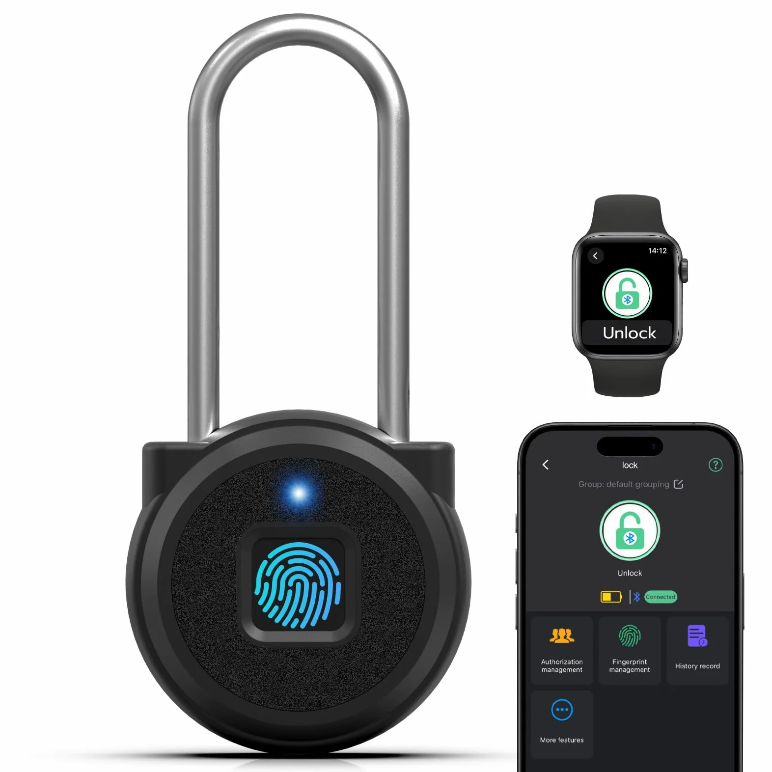 Biometryczna blokada szafki z długim uchwytem na odciski palców, mała kłódka, wodoodporna inteligentna Bluetooth