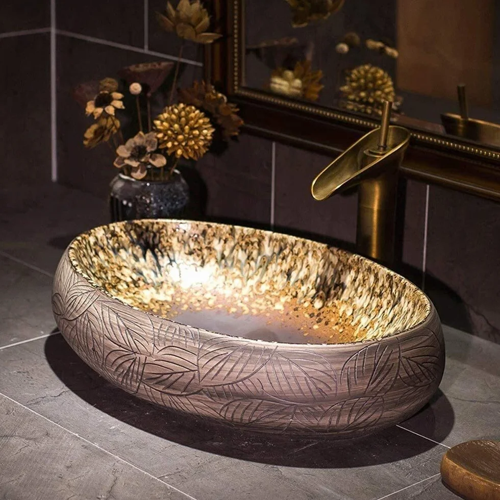 Szafka Pod Umywalkę Z Umywalką, Umywalka Nablatowa, Umywalka Nablatowa Łazienkowa 21 X 14 Cali, Europejska Rustykalna, Owalna, Porcelanowa, Ceramiczna Umywalka Nablatowa