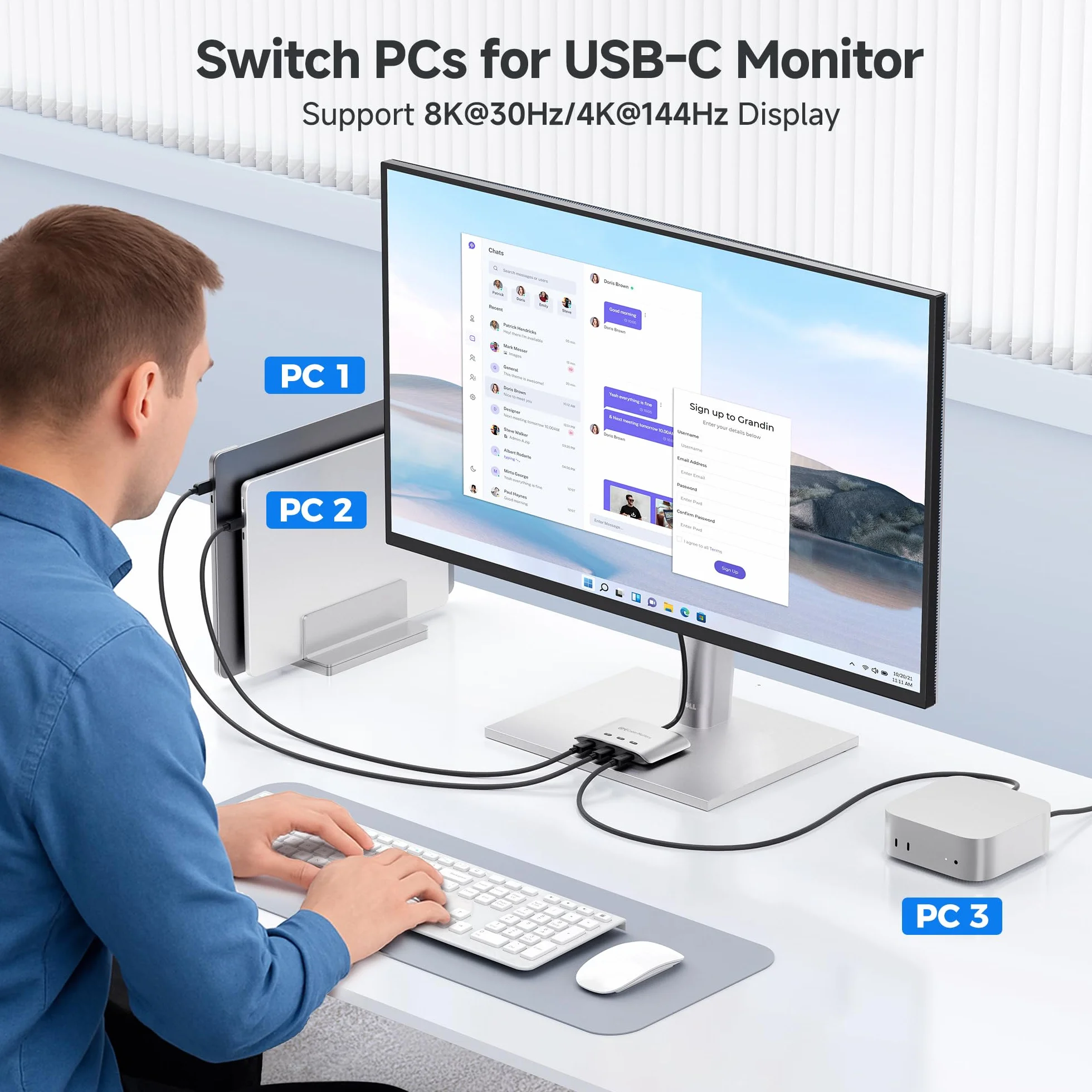 Cable Matters Przełącznik USB C 20 Gb/s 3 w 1 8K 30 Hz 4K 60 Hz 140 W PD Stacja Dokująca USB-C Thunderbolt