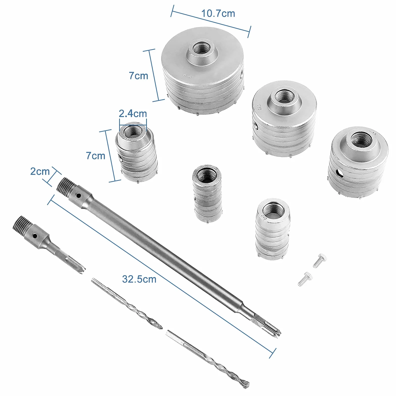 Zestaw wierteł otwornicowych z okrągłym uchwytem, 10 szt. 35 mm, 40 mm, 50 mm, 65 mm, 80 mm, 110 mm Zestaw wierteł rdzeniowych TCT do betonu z okrągłym uchwytem i trzonkiem SDS Plus