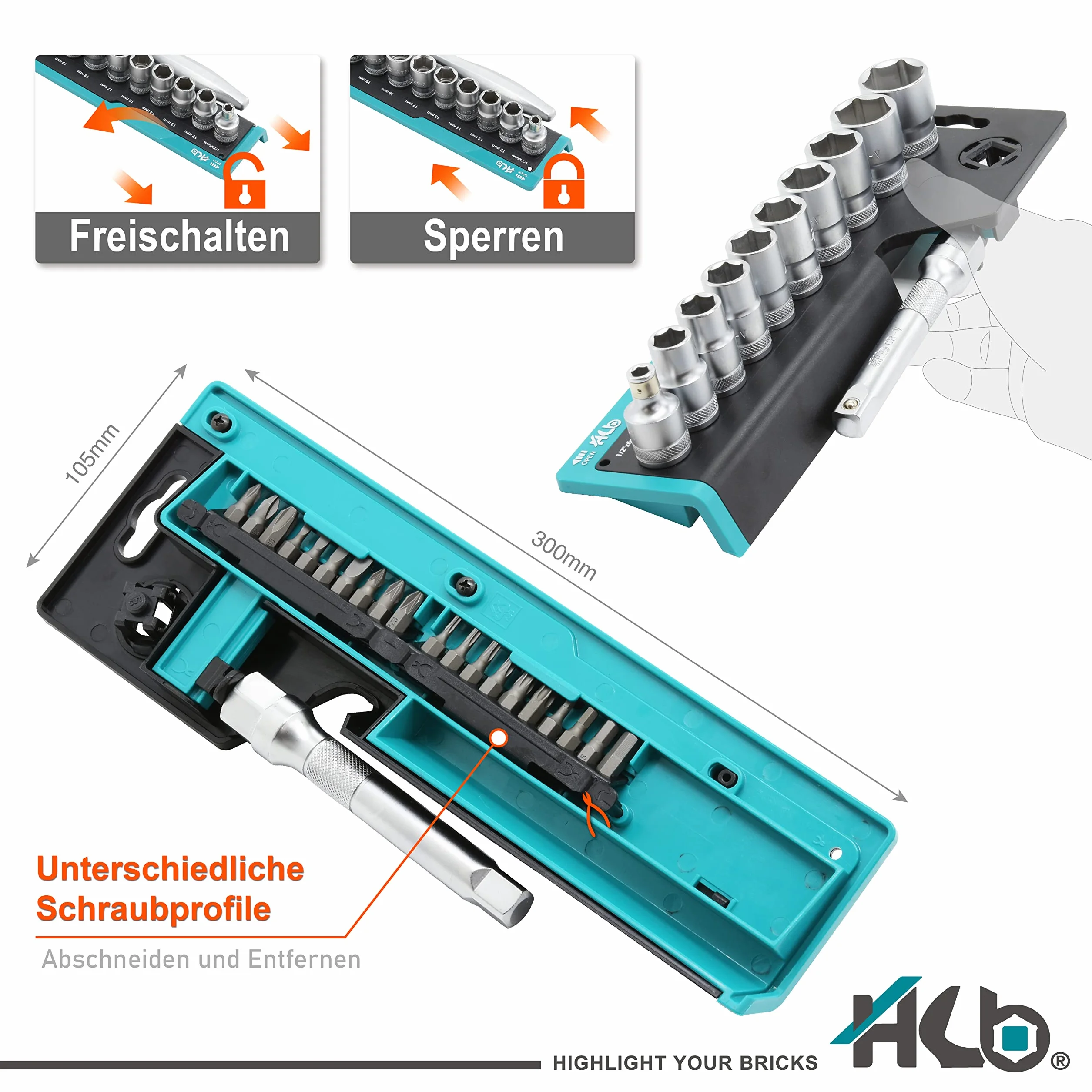 HB Zestaw Nasadek 32 Sztuki 1/2" z Grzechotką 120 Zębów Rewersyjną i Uszczelnioną, Bity Torx PZ PH SL HEX, Przedłużka, Stojak, Made in Taiwan AKM023-G