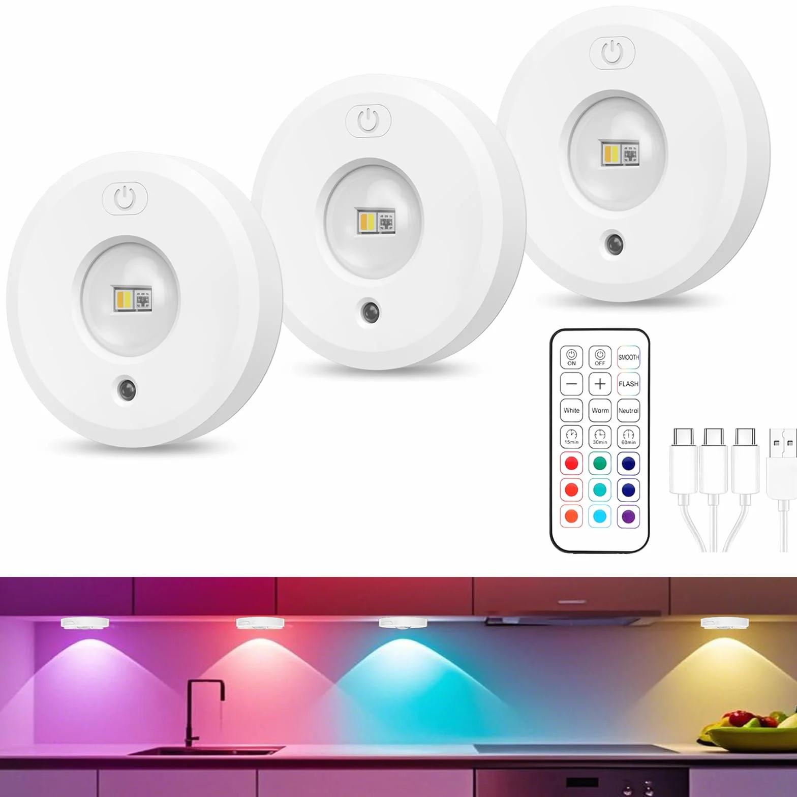 Lampki kuchenne podszafkowe z pilotem, lampka magnetyczna do szafy, ładowalne lampki RGB Puck z 3 temperaturami barwowymi, ściemnialne lampki nocne do sypialni, przedpokoju, schodów