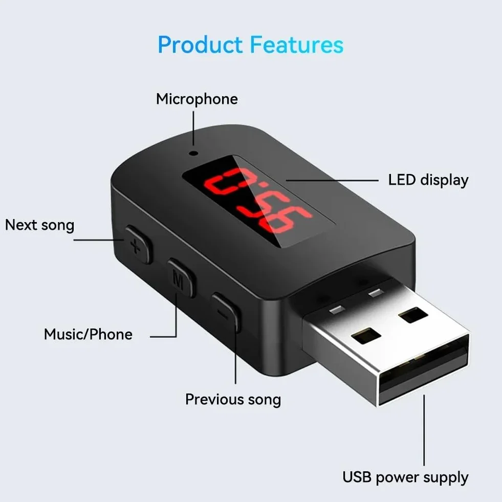 Bezprzewodowy adapter Bluetooth 5.4 transmiter odbiornik z mikrofonem USB Audio AUX do samochodu
