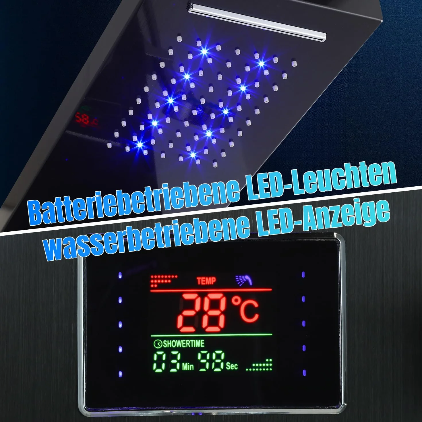 Panel prysznicowy, 5 funkcji kolumny prysznicowej, system paneli prysznicowych ze stali nierdzewnej z armaturą, system deszczownicy ze wskaźnikiem temperatury LED, regulowane dysze do masażu