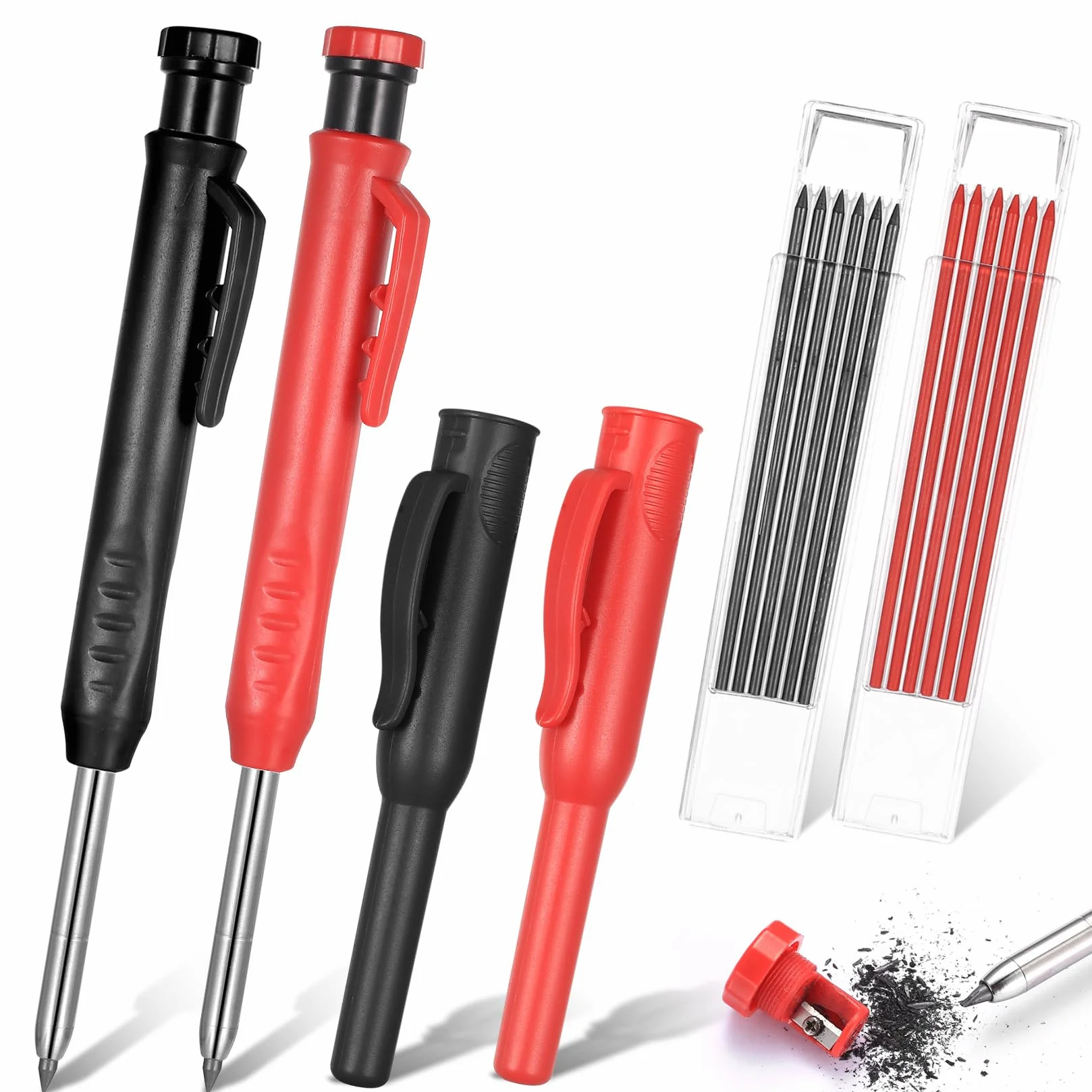 Ołówki stolarskie, markery do głębokich otworów, zestaw ołówków stolarskich z temperówką, ołówki budowlane, ołówki mechaniczne z 12 wkładami, 2,8 mm, do obróbki drewna, narzędzi stolarskich, 2 szt