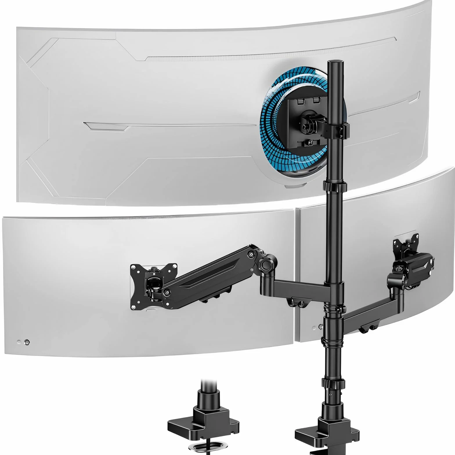 Uchwyt do monitora, 3 monitory, biurko – 1 stały 49" i 2 sprężyny gazowe 35", uchwyt na ekran, 3 monitory, regulacja wysokości, drążek 80 cm, uchwyt stołowy do 20 kg