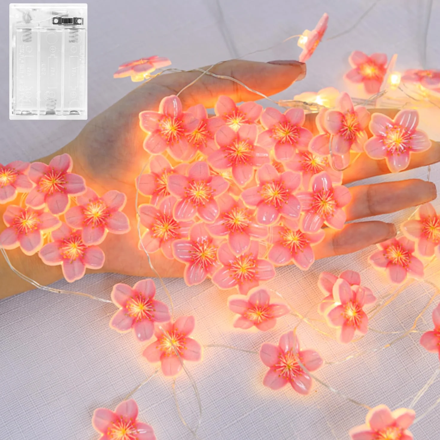 Dalugo łańcuch świetlny LED z kwiatostanami wiśni, 20 diod LED, 2 m, na baterie, z timerem, łańcuch świetlny w kształcie bukietu kwiatów na dekorację wiosenną, dekoracja z kwiatostanami wiśni, na