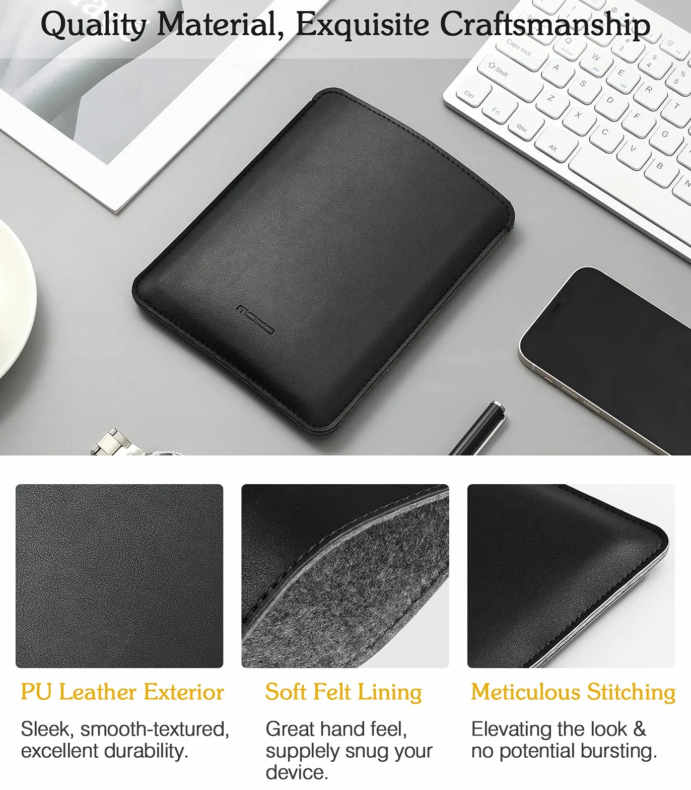 MoKo Sleeve Bag Fits with Kindle Voyage, Kindle Paperwhite 11th Gen 2021, All-new Kindle 2019, Ultra Slim Anti-scratch PU Leather Case Cover Soft Felt Lining Protective Insert Carrying Pouch, Black