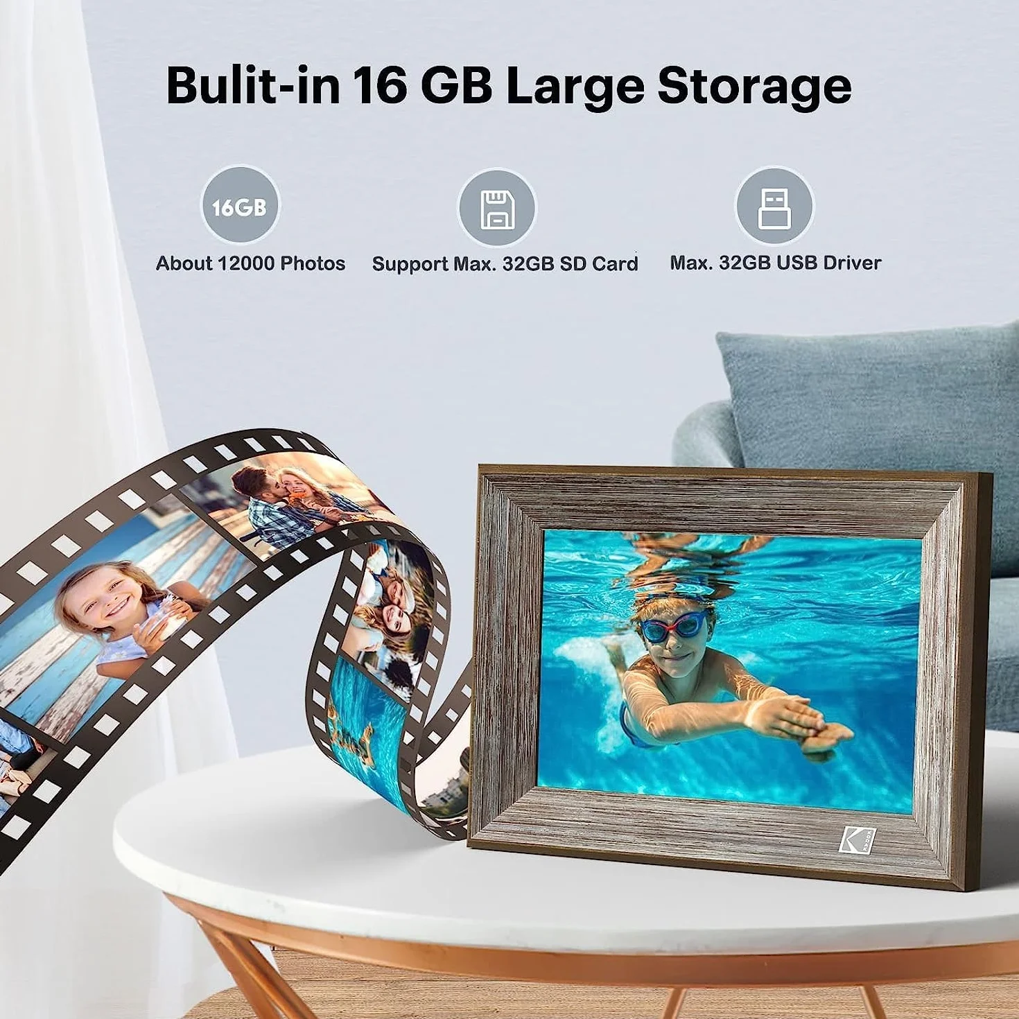 Kodak cyfrowa ramka na zdjęcia 10,1 cala, Wi-Fi, 1013 W, drewniana, elektroniczna ramka na zdjęcia z pamięcią 32 GB, ekran dotykowy HD IPS, udostępnianie zdjęć za pomocą aplikacji, automatyczne