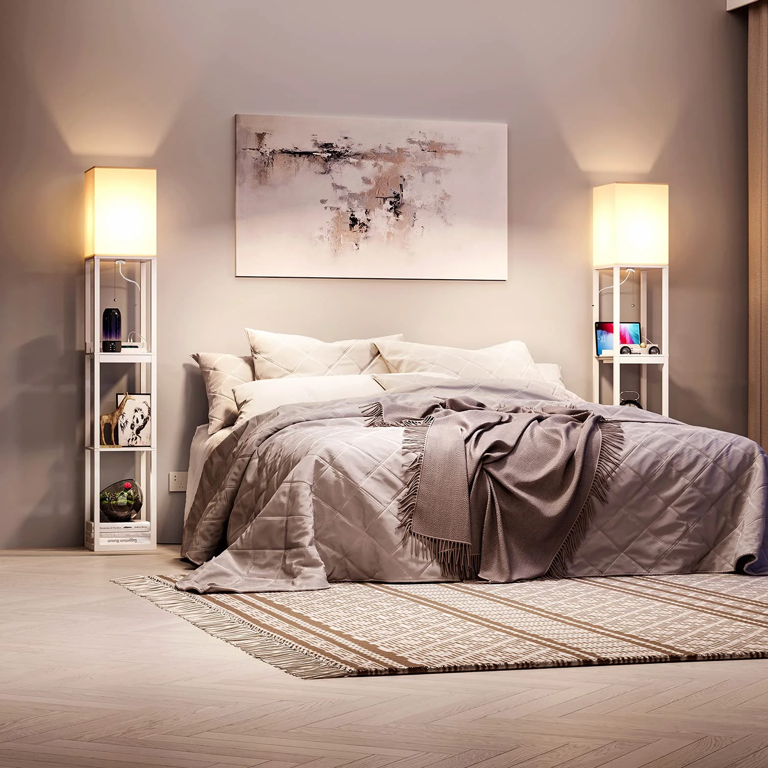 SUNMORY Lampa Podłogowa Z Półką Z Litego Drewna, 3 Temperatury Barwowe, 2 Porty USB Do Ładowania I 1 Szuflada, Biała (Z Żarówką)