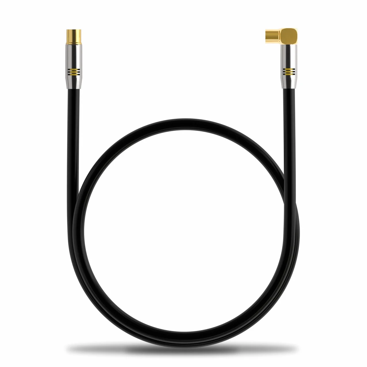 deleyCON 1,5m Kabel Antenowy TV 4K, Koncentryczny - 4K Ultra HD Full HD HDTV - 1x Wtyk IEC Kątowy 90° do Gniazda IEC Prostego - TV/Radio DVB-T2, Metalowe Złącza - Czarny