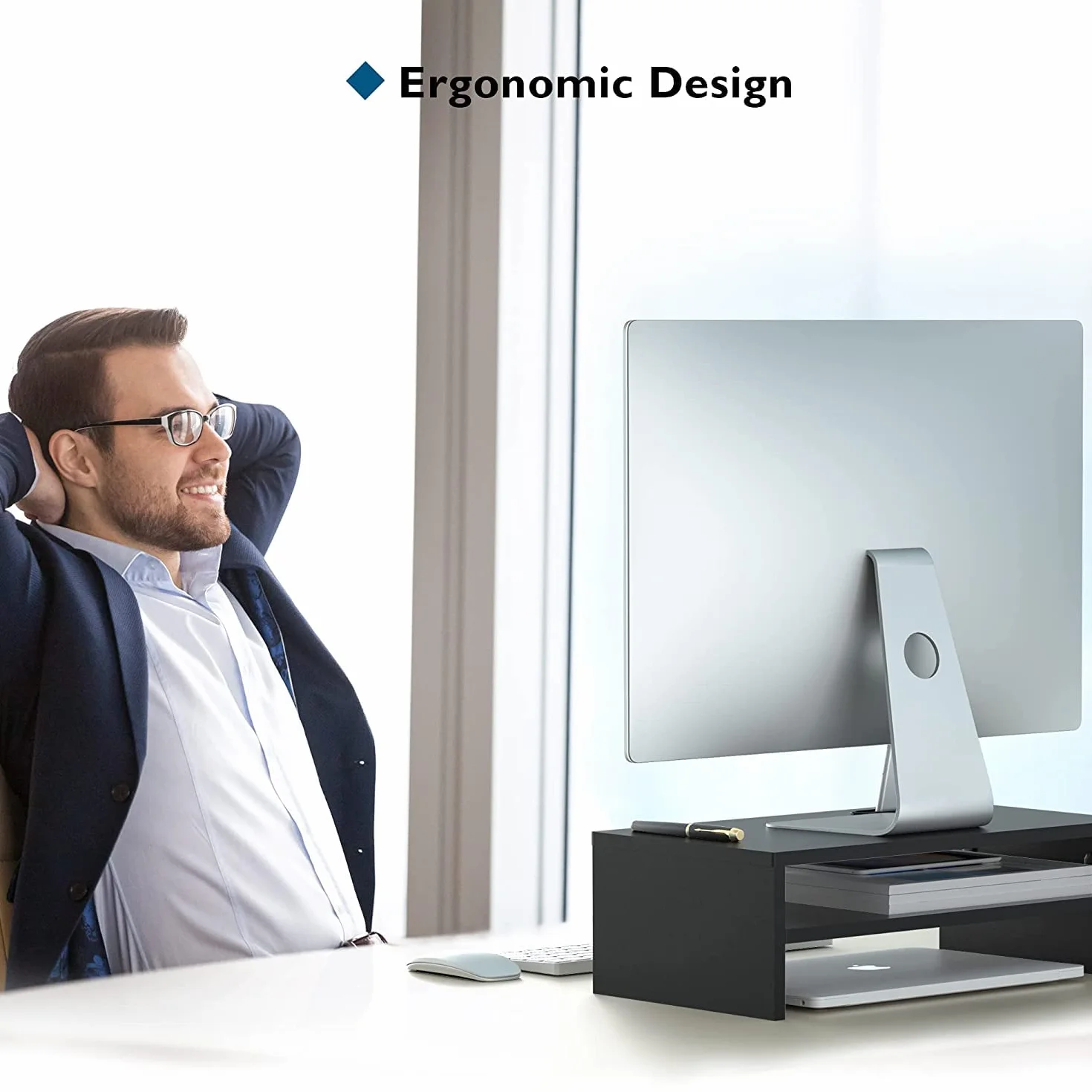 BONTEC 2-Warstwowy Stojak na Monitor Drewniany, Ergonomiczny Stojak na Laptopa, PC i Notebooka z Uchwytem na Smartfon i Zarządzaniem Kablami, Czarny, MDF