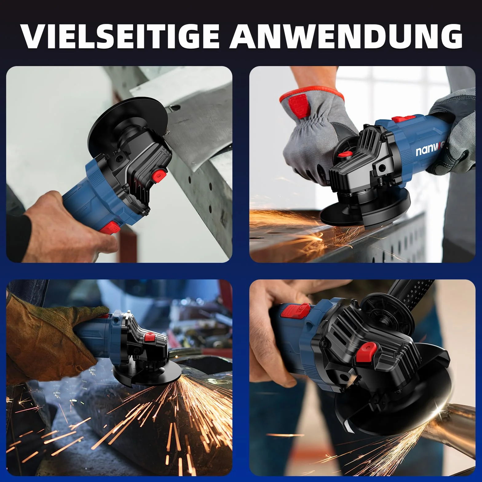 NANWEI Akumulatorowa szlifierka kątowa, kompatybilna z akumulatorem Makita 18 V, bezszczotkowa szlifierka kątowa 125 mm, elektronarzędzie z uchwytem bocznym i tarczami, tryb 3-biegowy (125 mm bez
