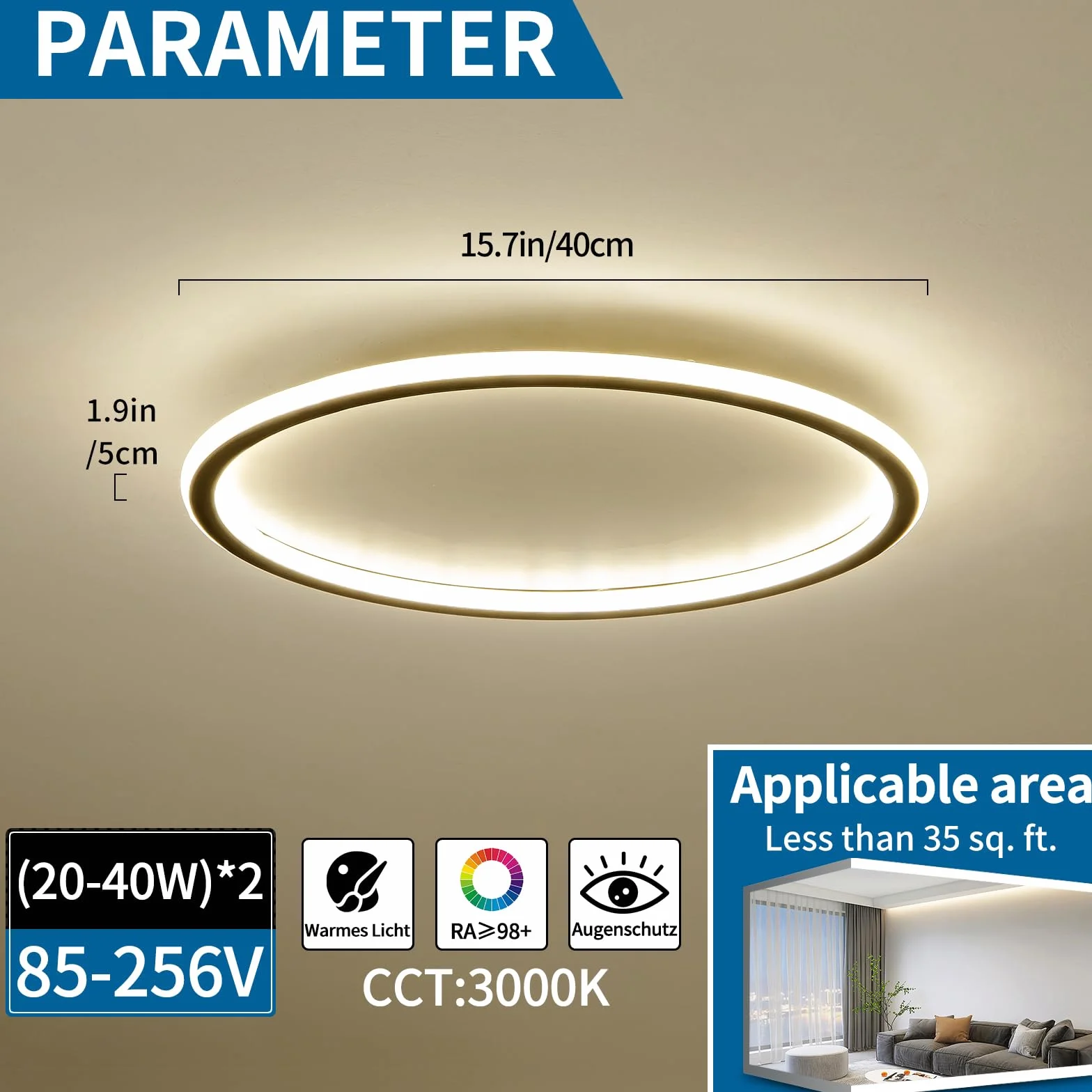 Mikeru Lampa sufitowa 3000 K, 40 cm, okrągła, lampa sufitowa LED, ciepła biel, bez pilota zdalnego sterowania, do salonu, korytarza, sypialni