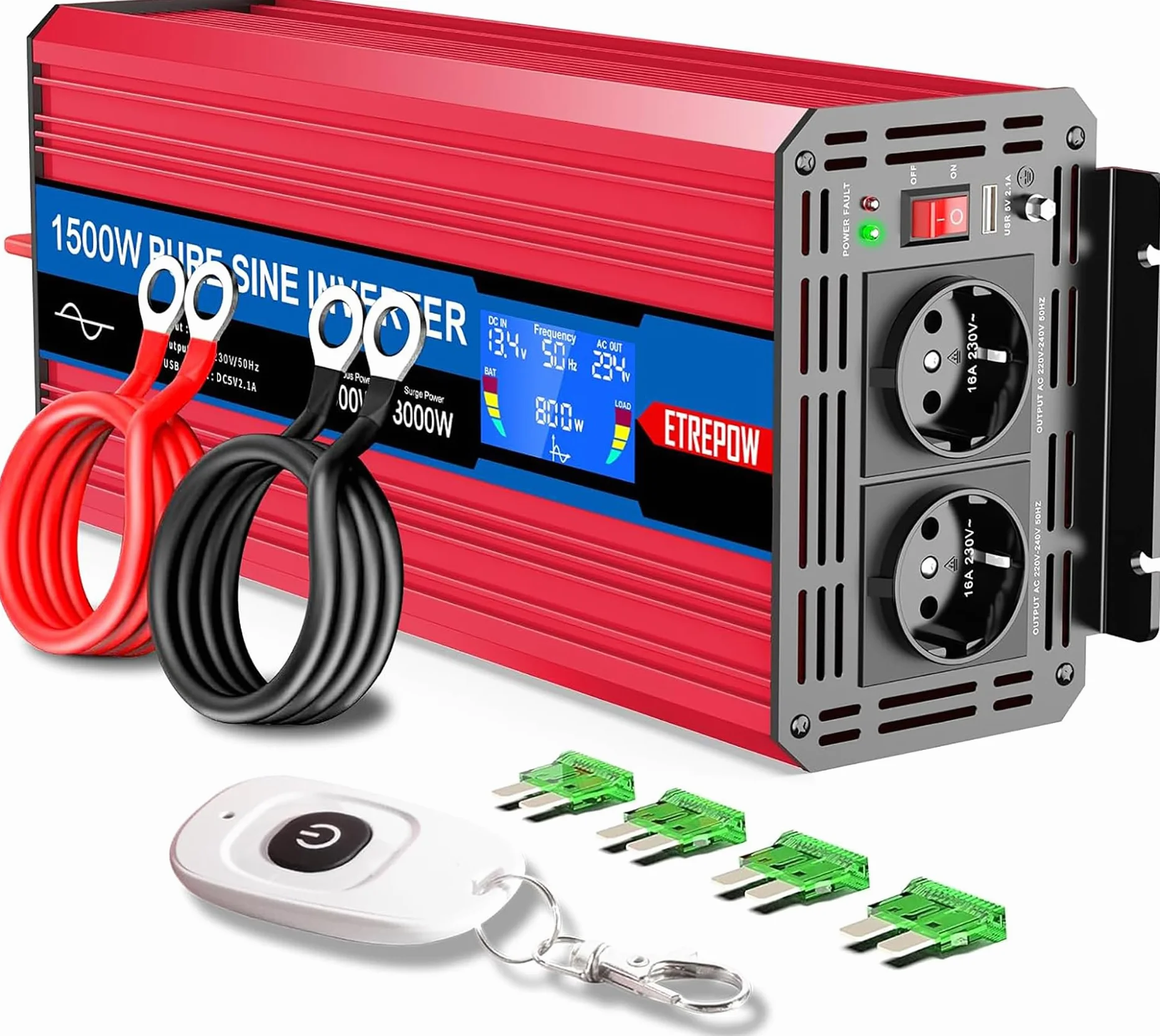 1500W Przetwornica 12v 230v Czysty Sinus z 2 gniazdami EU i bezprzewodowym pilotem, ekranem LCD, Falownikiem Nadaje się do użytku na zewnątrz, w domu, na kempingu, w kamperze