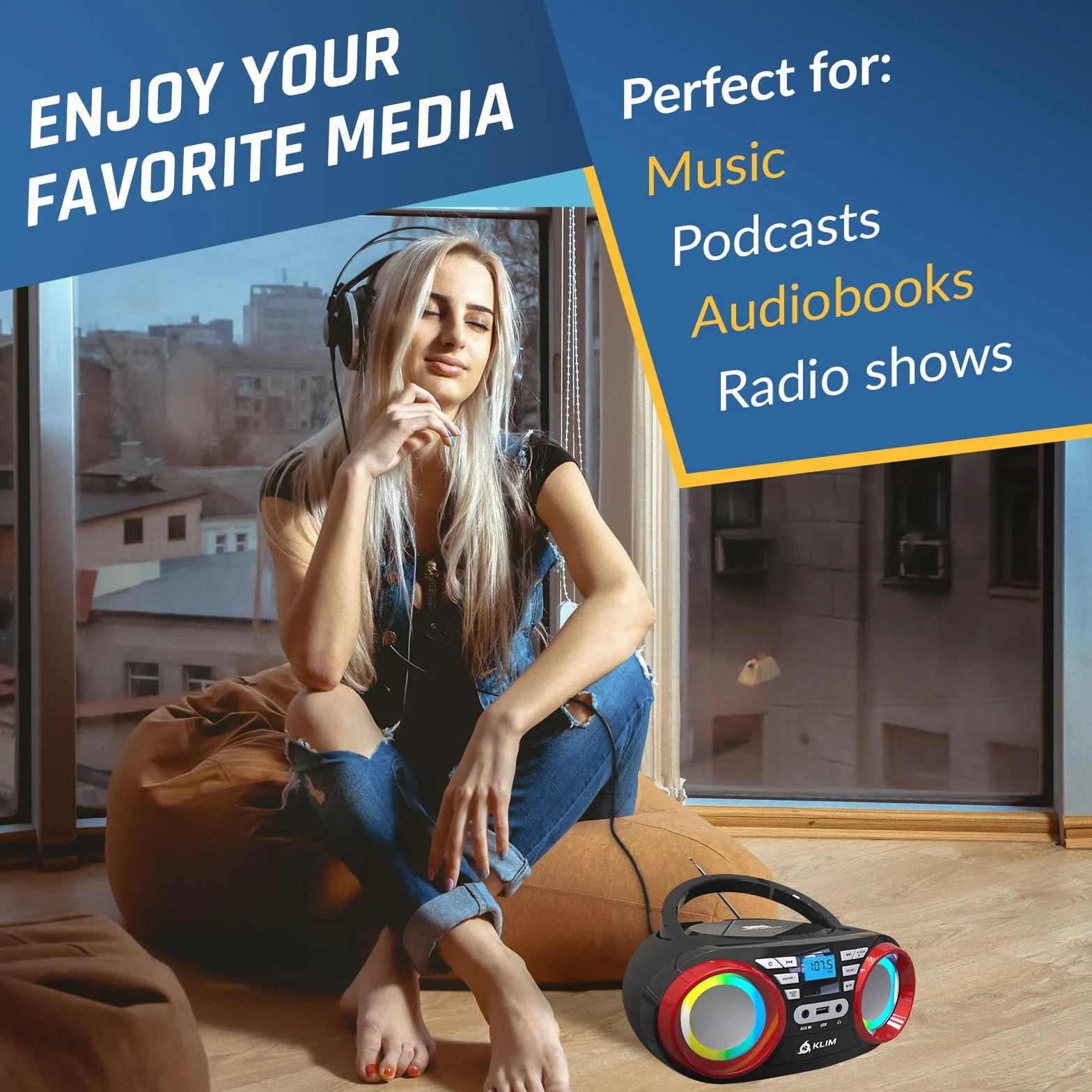KLIM Boombox B3 Przenośny Odtwarzacz CD - Nowość 2024 - Radio FM, Bluetooth, USB, MP3, Tryb Przewodowy i Bezprzewodowy z Bateriami do Ładowania, Obiektyw Laserowy