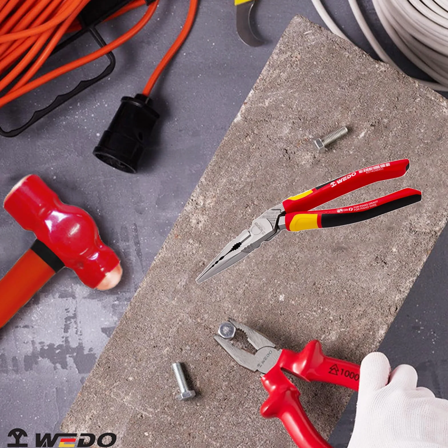 WEDO Szczypce zaciskowe wygięte 20 cm, wygięte szczypce igłowe z antypoślizgowymi uchwytami, długość 220 mm, klasa przemysłowa