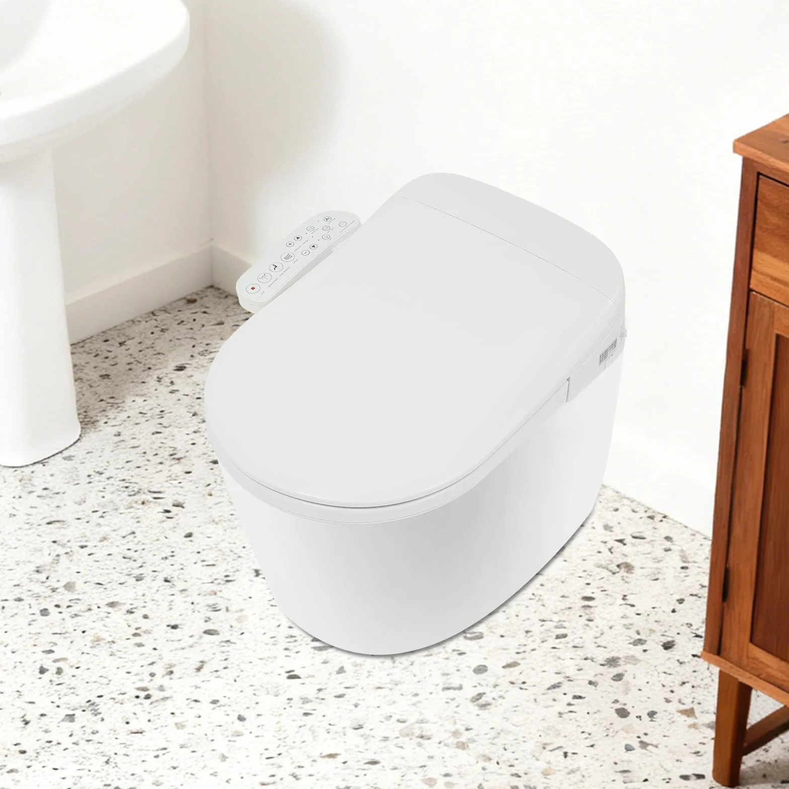 Podgrzewana deska sedesowa, bidet z dyszą, japońska toaleta, prysznic z automatyczną pokrywą, funkcja sterylizacji drążka natryskowego, bocznym elementem obsługowym, suszarka i lampka nocna