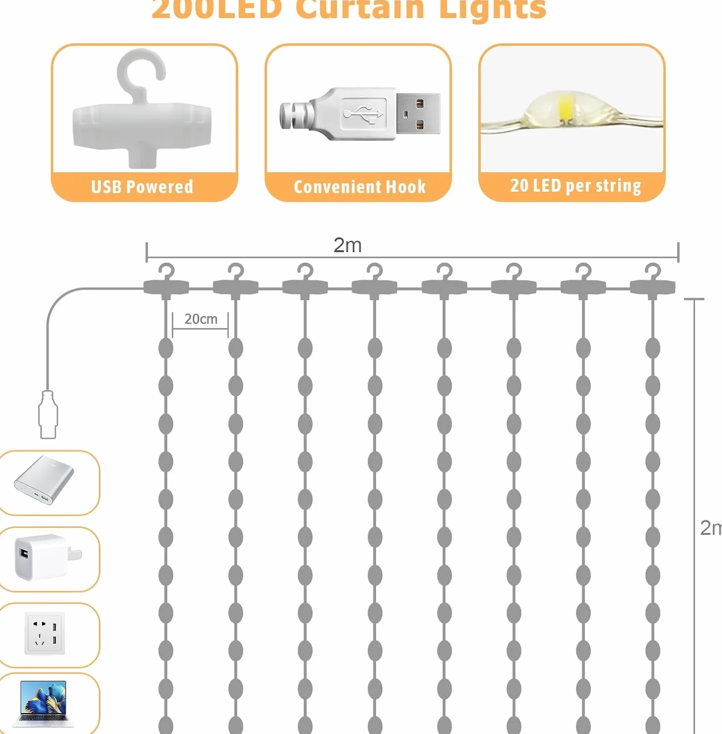 Kurtyna świetlna, ciepła biel, 200 LED, 2 x 2 m, łańcuch świetlny LED, kurtyna świetlna, na Boże Narodzenie, wesele, okno, ścianę, pokój, imprezę, dekoracja