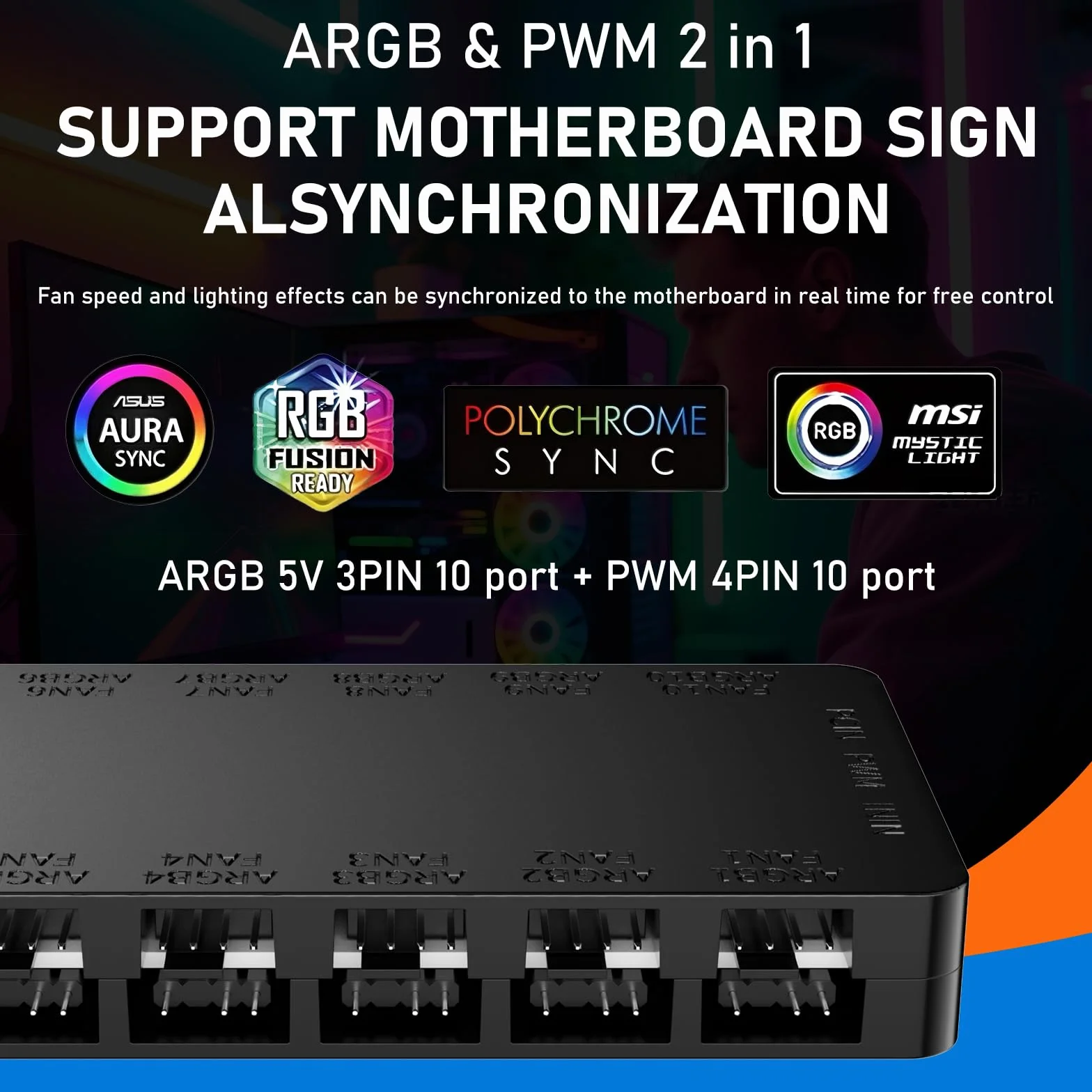 Oddtone 2-w-1 ARGB PWM Hub 10 x 4-pin PWM 10 x 5V 3-pin ARGB SATA wentylatorów kontroler
