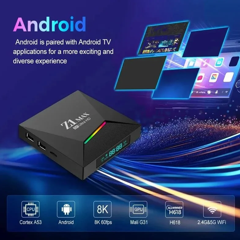 Z1 MAX Ultra HD Android TV Box – Android 15, 4G, Allwinner H618, 8 GB 128 GB, 8K 4K UHD, Dual WiFi 5G/2.4G, Bluetooth 5.0, sterowanie głosowe