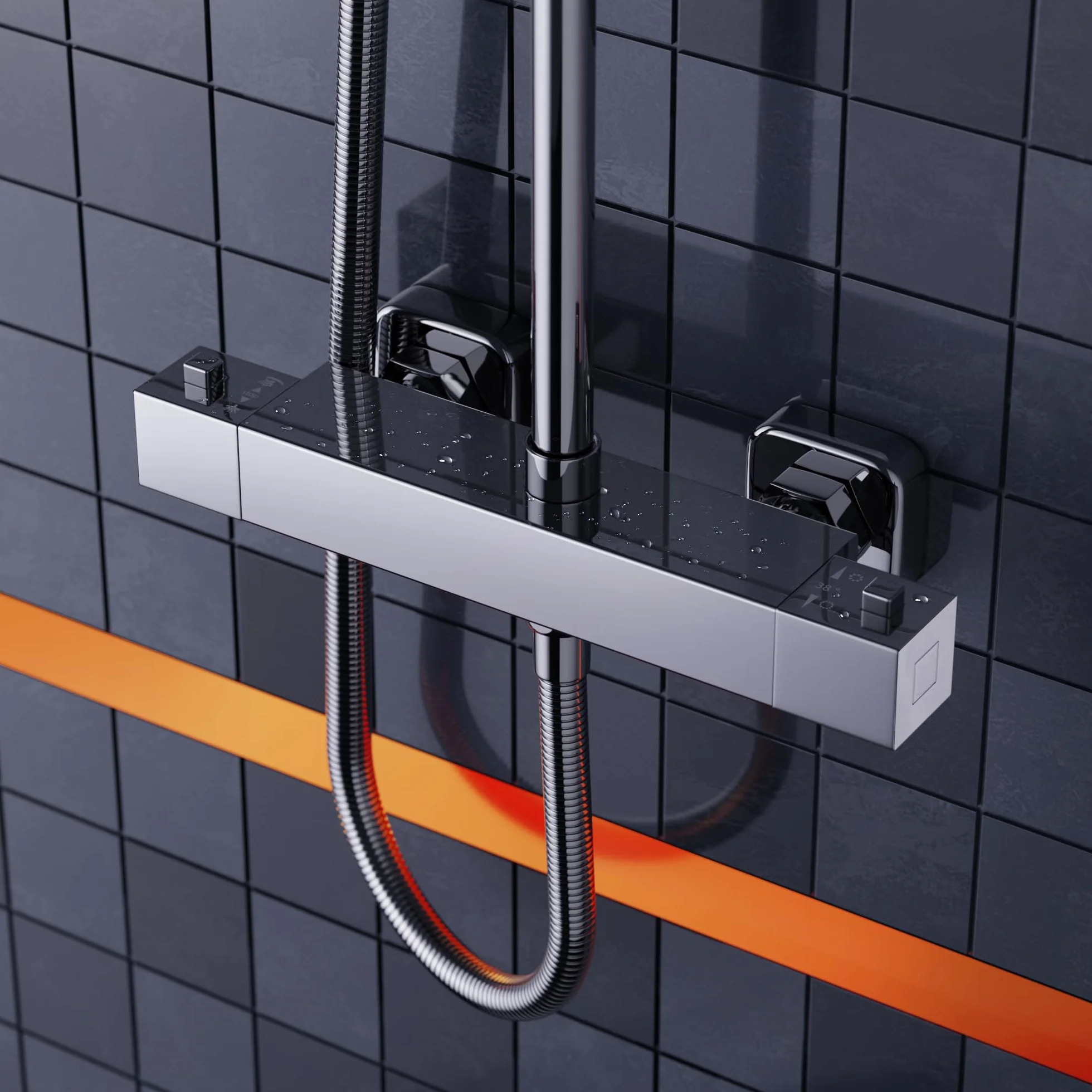 MORADO Armatura prysznicowa z termostatem, armatura prysznicowa, bateria mieszakowa prysznicowa z 2 wylotami, 3/4" BSP (26,4 mm) wylot górny i 1/2" BSP (21 mm), kwadratowy kształt, chromowana
