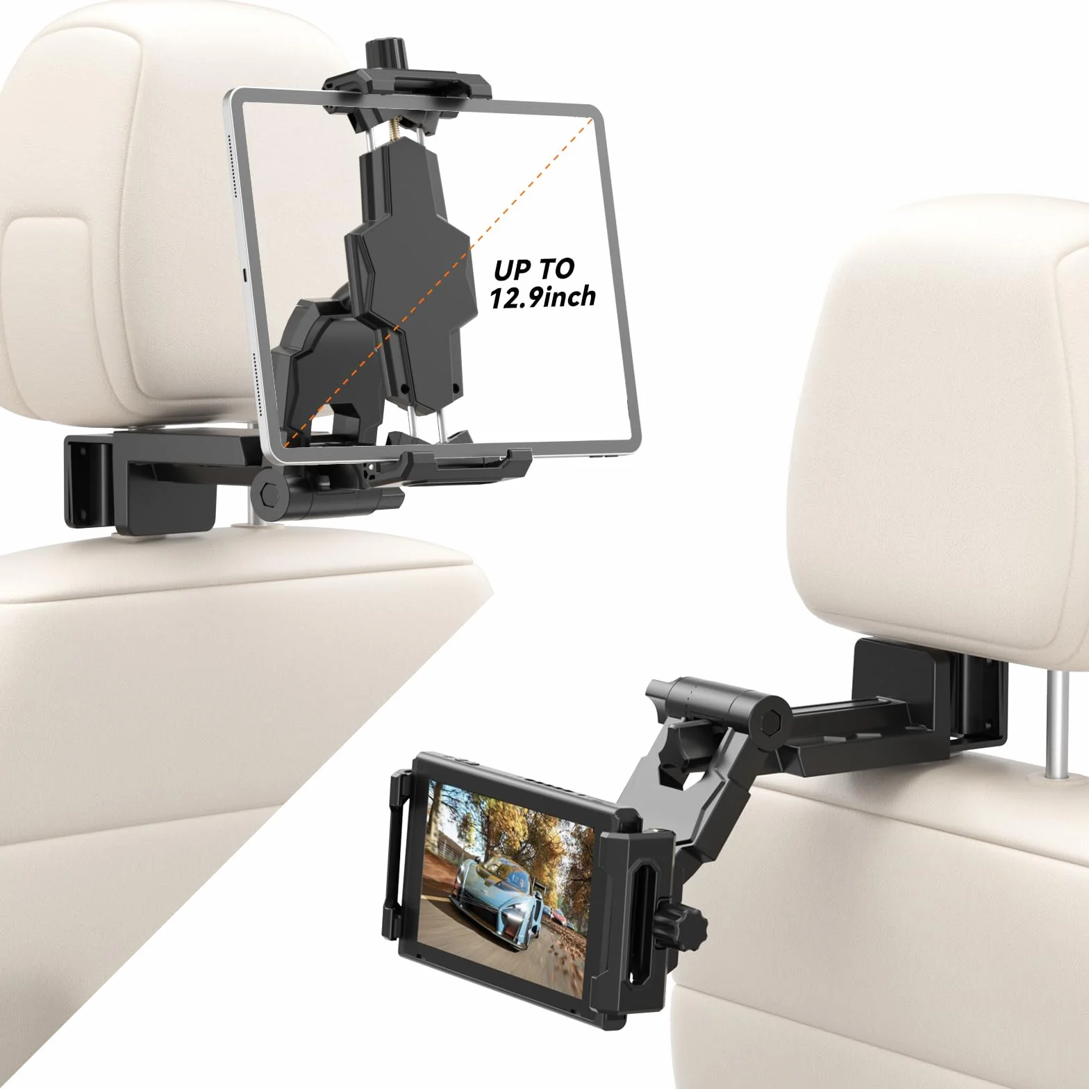 KDD Uchwyt na zagłówek samochodowy, uchwyt na tablet, regulowany 360°, tylne siedzenie dla dzieci i biurka, akcesoria Road Trip Essentials, kompatybilne z iPadem Pro, Air, Switch, Galaxy, telefonem i
