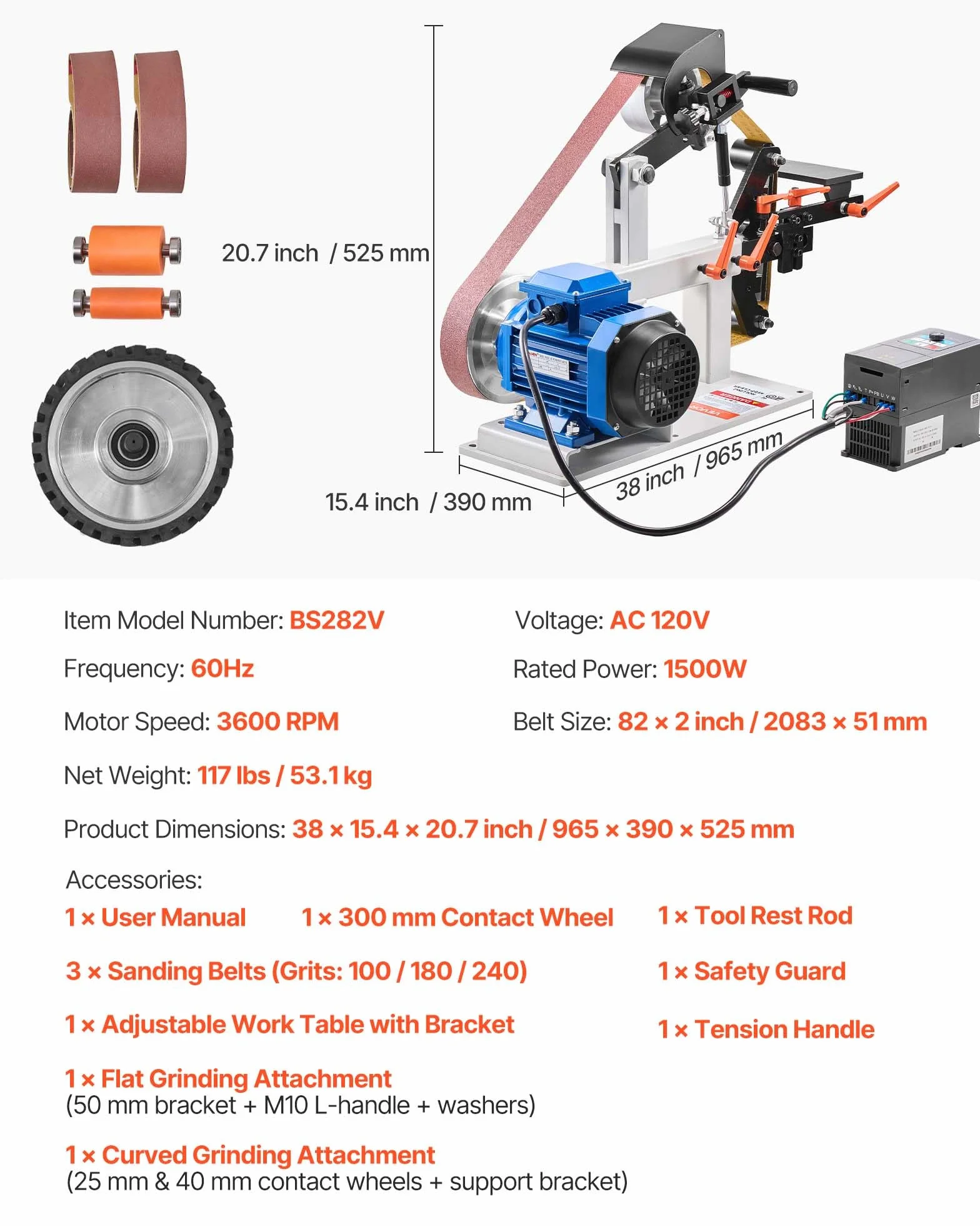 VEVOR Szlifierka tarczowa 1,5 kW regulowana szlifierka taśmowa o mocy 427 x 12 cali, szlifierka taśmowa środkowa i szlifierka tarczowa 0-2800 obr./min szlifierka kombinowana