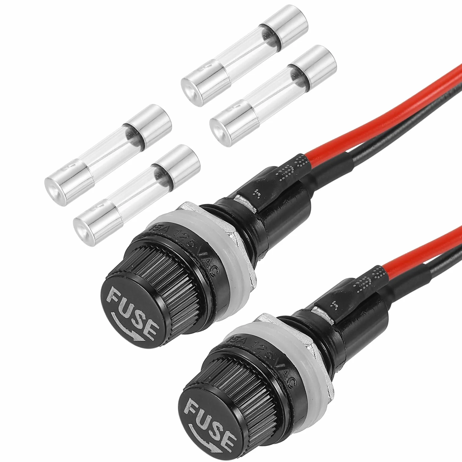 QUARKZMAN 2 zestawy uchwytów bezpiecznikowych 5x20mm, 250V AC 10A z śrubowym zapięciem, uchwyty na bezpieczniki cienkie z przylutowanymi drutami i 7A szybkotopiącymi się szklanymi bezpiecznikami Kit