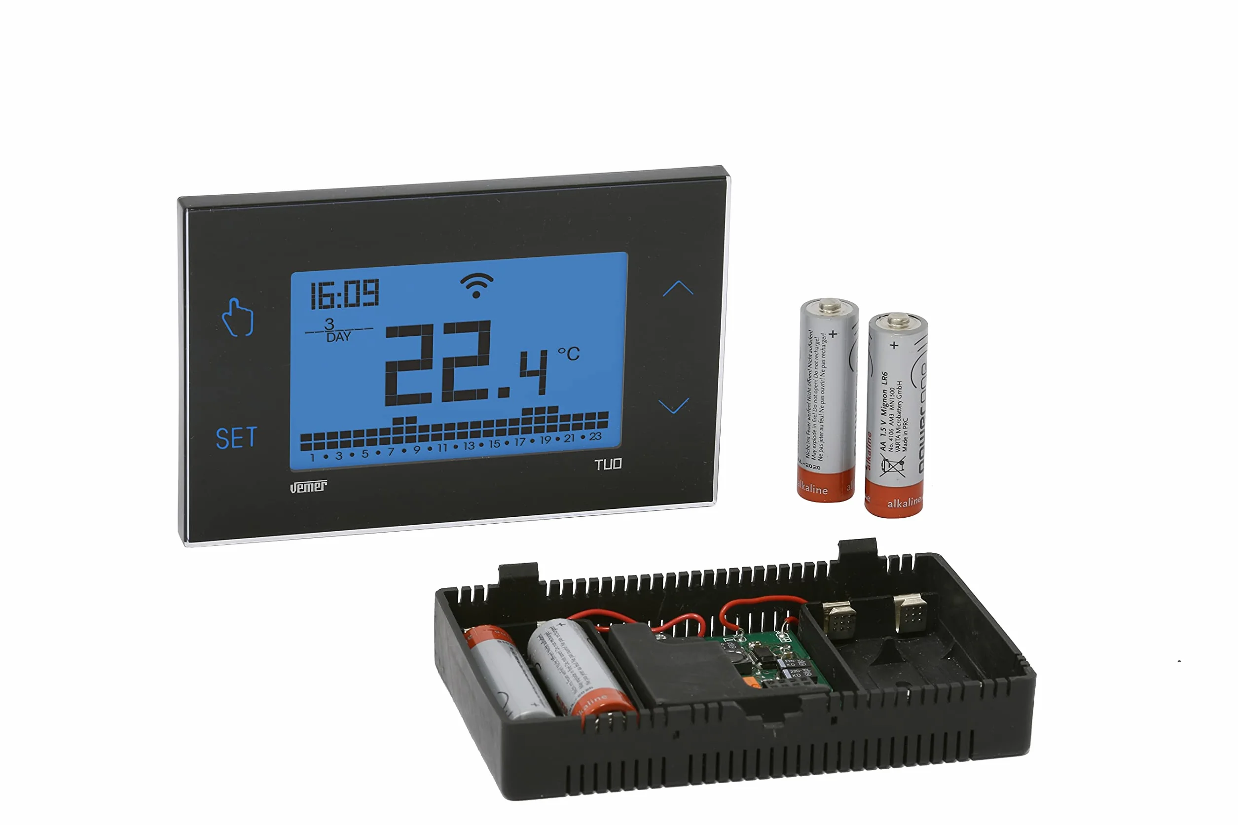VEMER VE788600 TWÓJ BATERIA WIFI - Programowalny inteligentny termostat WiFi do kotła, kompatybilny z Alexa i Google Home, zarządzany za pomocą aplikacji do zdalnego sterowania, biały