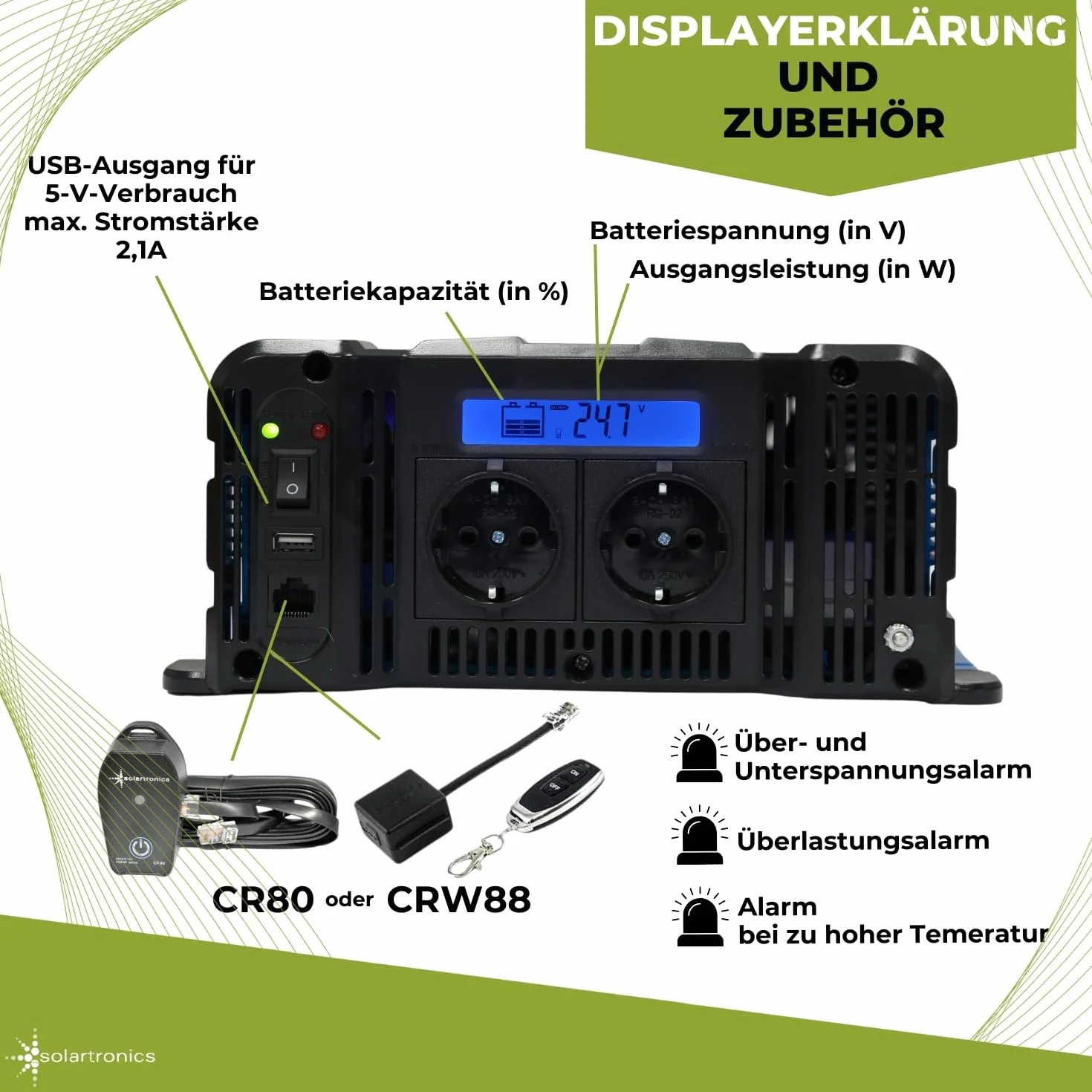 Solartronics FS1500D przetwornica napięcia 24V 1500/3000 Watów Reiner Sinus Niebieski z Ekranem FS Seria Inwerter