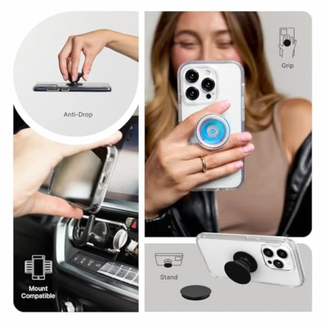 PopSockets PopGrip Plant rozszerzany stojak i uchwyt z materiałów roślinnych wymienną górną częścią półprzezroczyste niebieskie