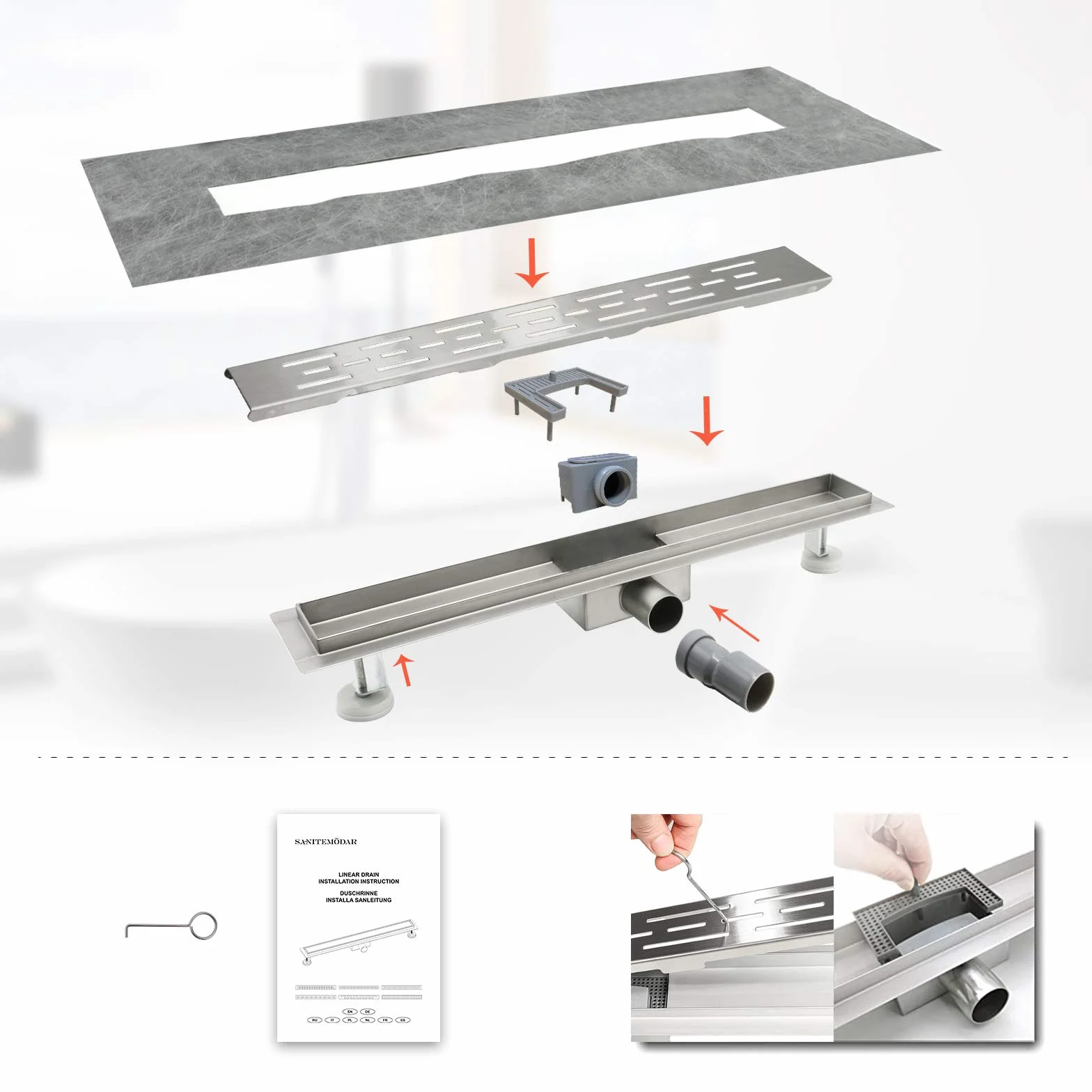 SaniteModar Odpływ łazienkowy liniowy ze stali nierdzewnej 70cm. Panel z otworami liniowymi. Odpływ prysznicowy z syfonem i sitkiem do włosów.