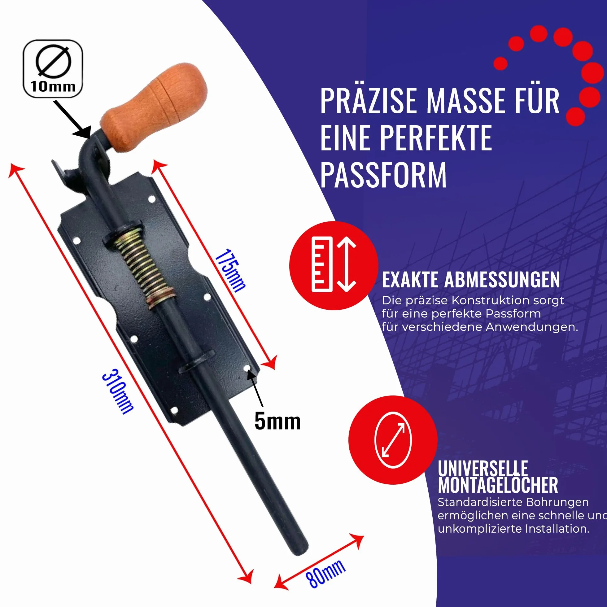Chle-Mar – Rygiel sprężynowy 310 mm | Czarny | Do bram, drzwi, furtek i boksów | Ryglowanie z mechanizmem sprężynowym | Uchwyt drewniany lub plastikowy | Solidna stal malowana proszkowo